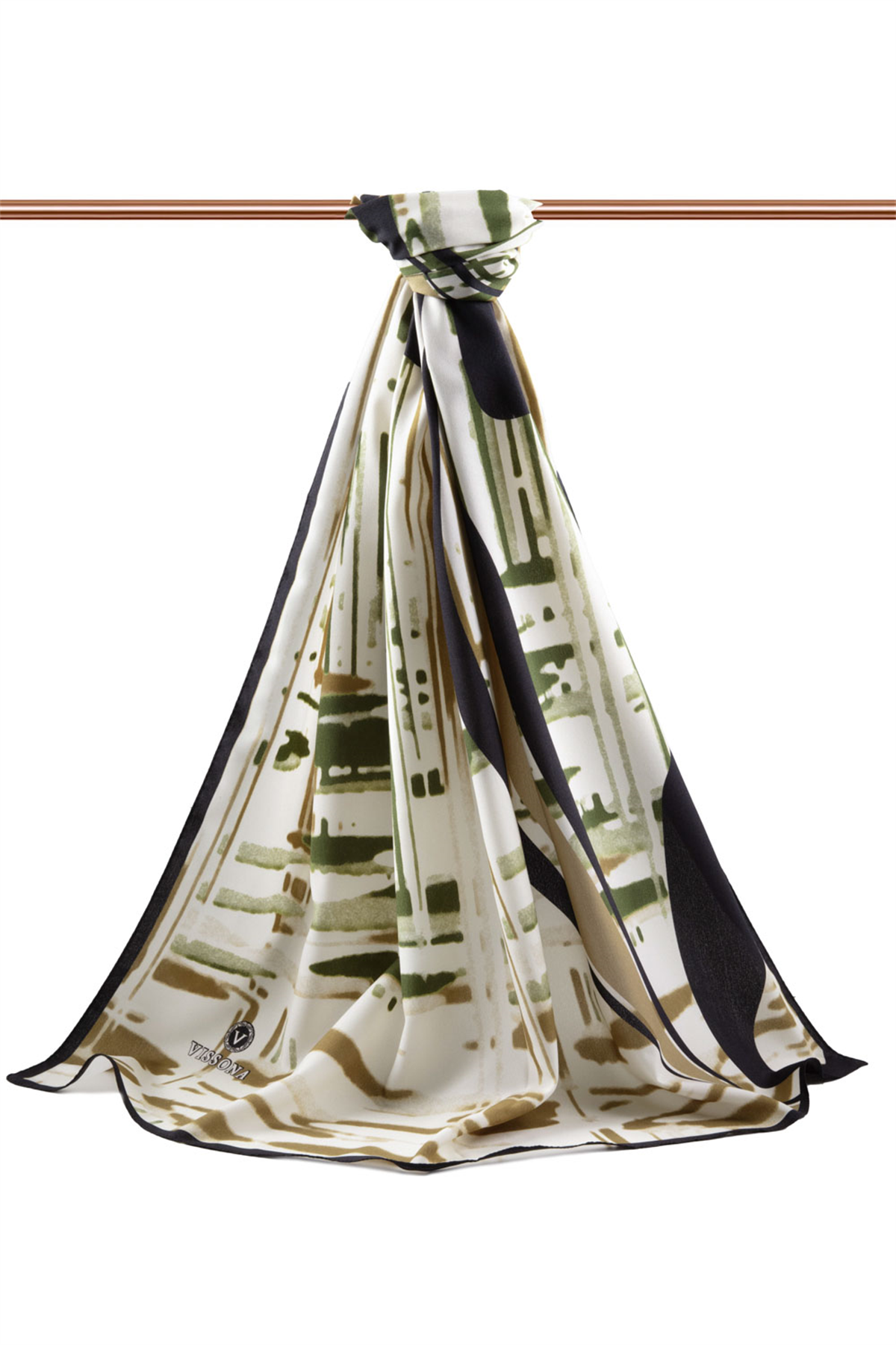LÜKS MEDİNE İPEĞİ GEOMETRIK DESENLİ HAKİ RENKLİ 75X195 KIRIŞMAZ ŞAL MOSS KREP DİKİŞ TİPİ İTALYAN DİKİŞLİ