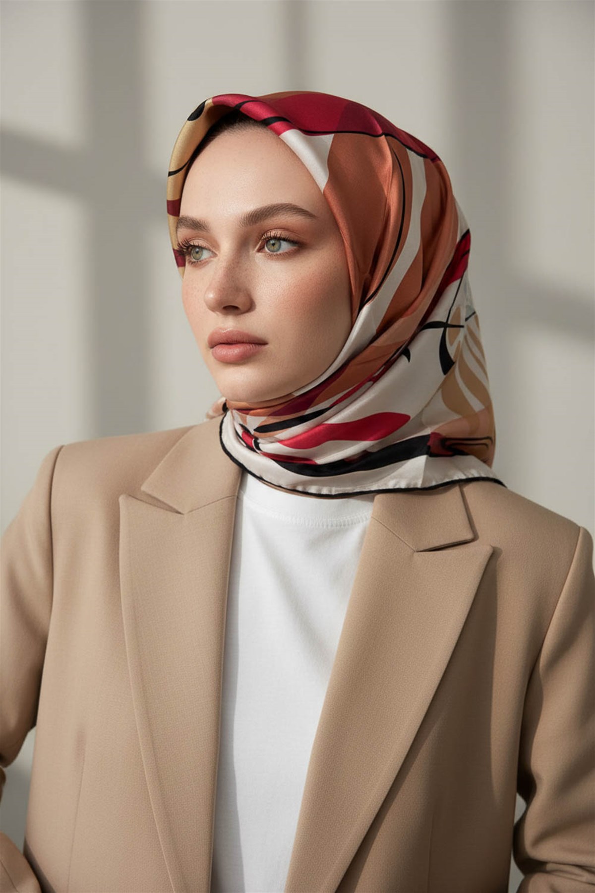 %100 Twill İpek Çiçek Desenli Bordo - Bej Renkli 90x90 Eşarp Dikim Şekli : El Dikişi