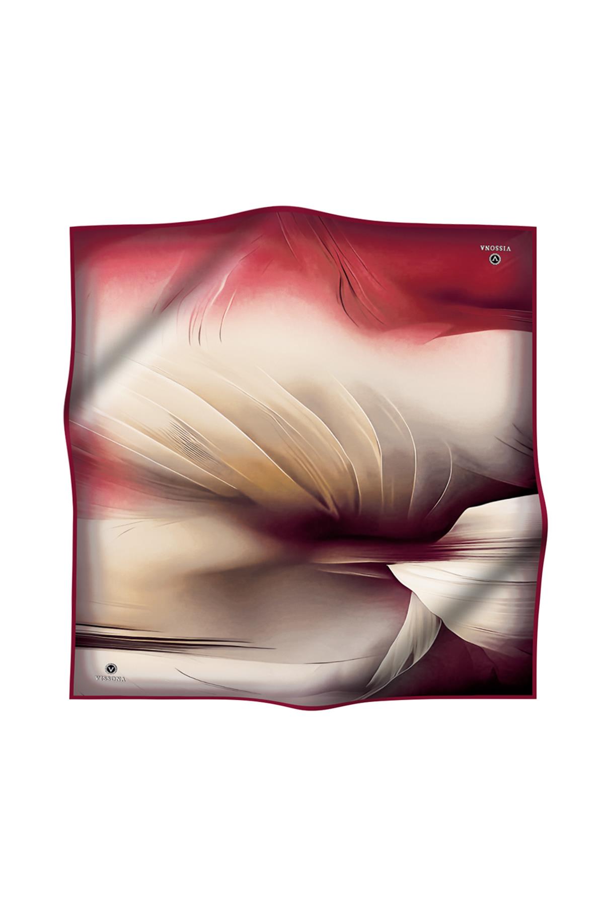 %100 Twill İpek Duman Desenli Hardal - Bordo Renkli 90x90 Eşarp Dikim Şekli : El Dikişi