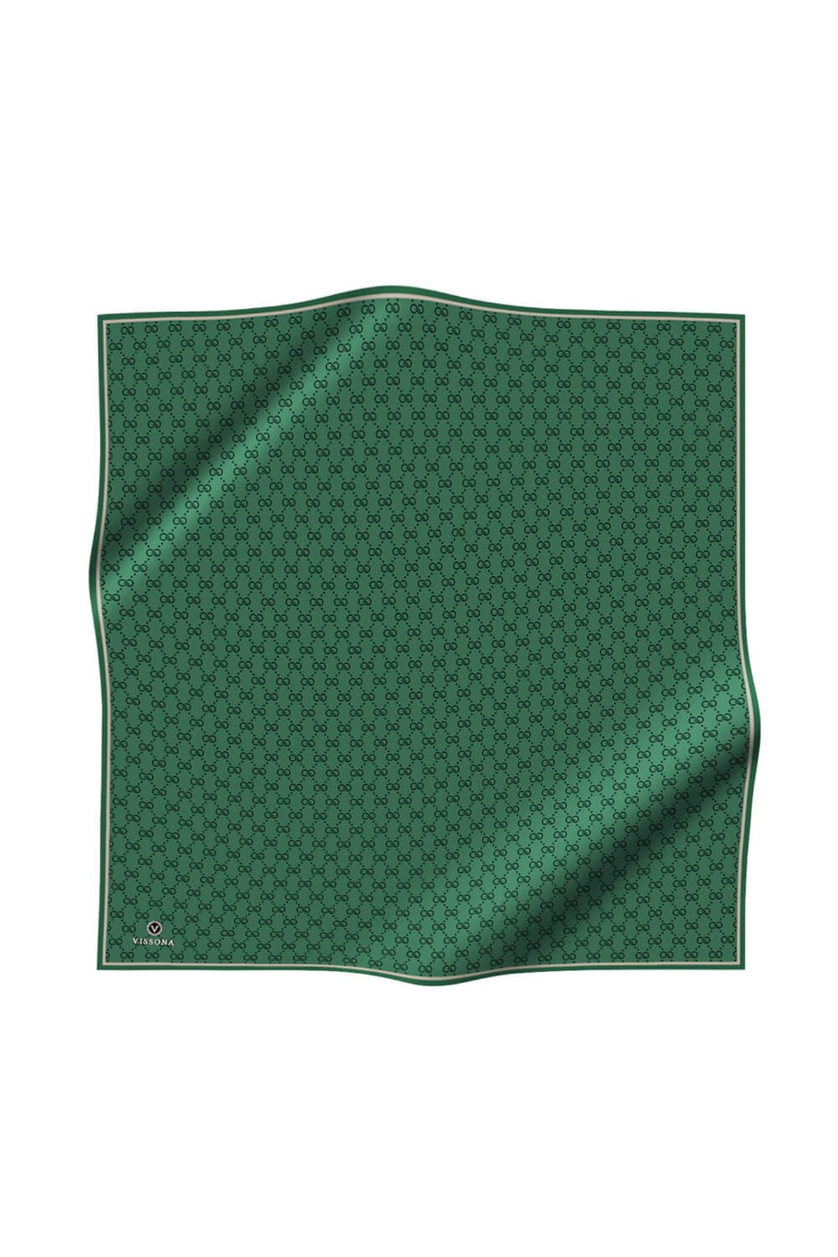 %100 Twill İpek Geometrik Desenli Zümrüt Yeşili Renkli 90x90 Eşarp Dikim Şekli : El Dikişi