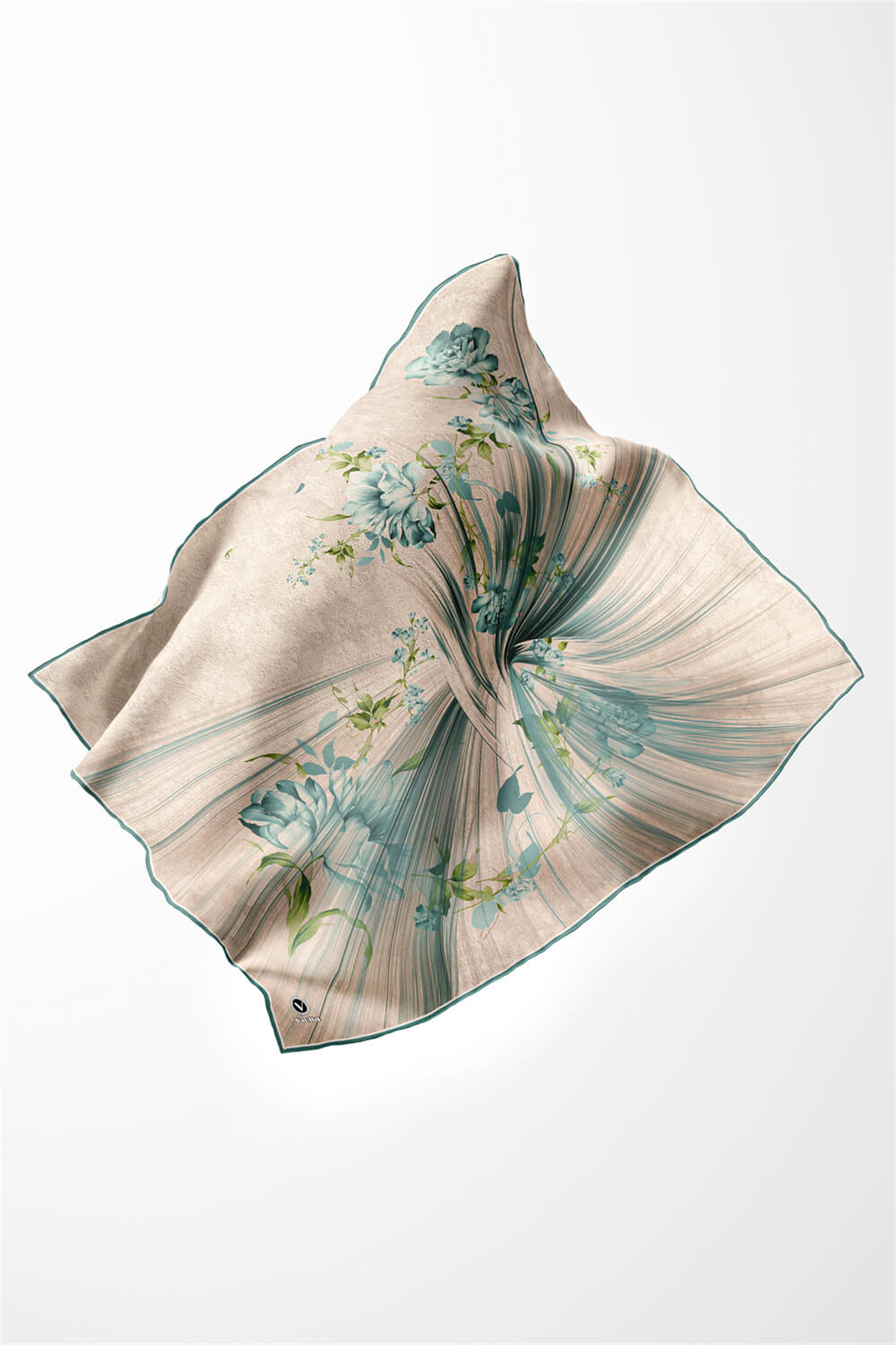 Twill Çiçekli Desenli Mint Yeşili Renkli 90x90 Eşarp (İpek İçermez) Kenar Dikiş Şekli El Dikişli