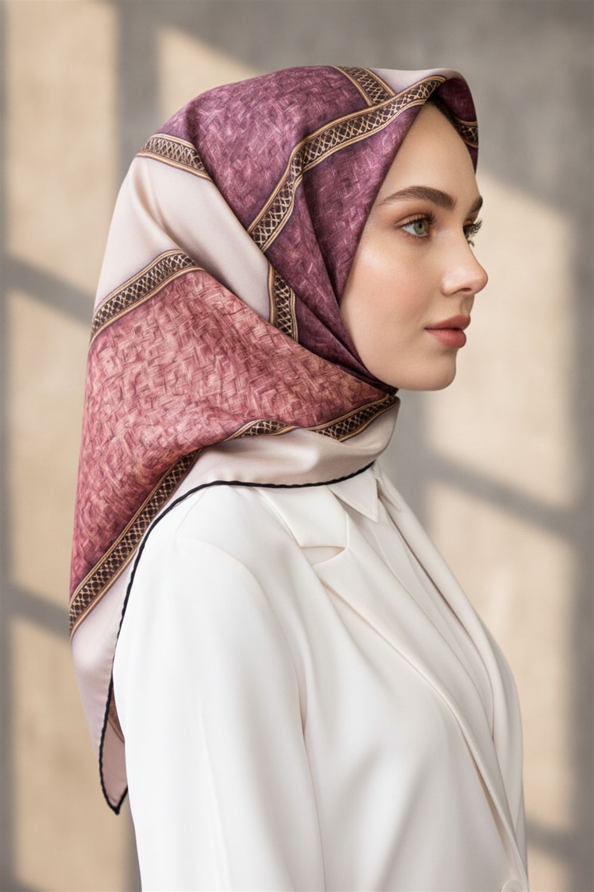 %100 Twill İpek Dokulu Ve Şerit Desenli Gül Kurusu - Somon Renkli 90x90 Eşarp Dikim Şekli : El Dikişi
