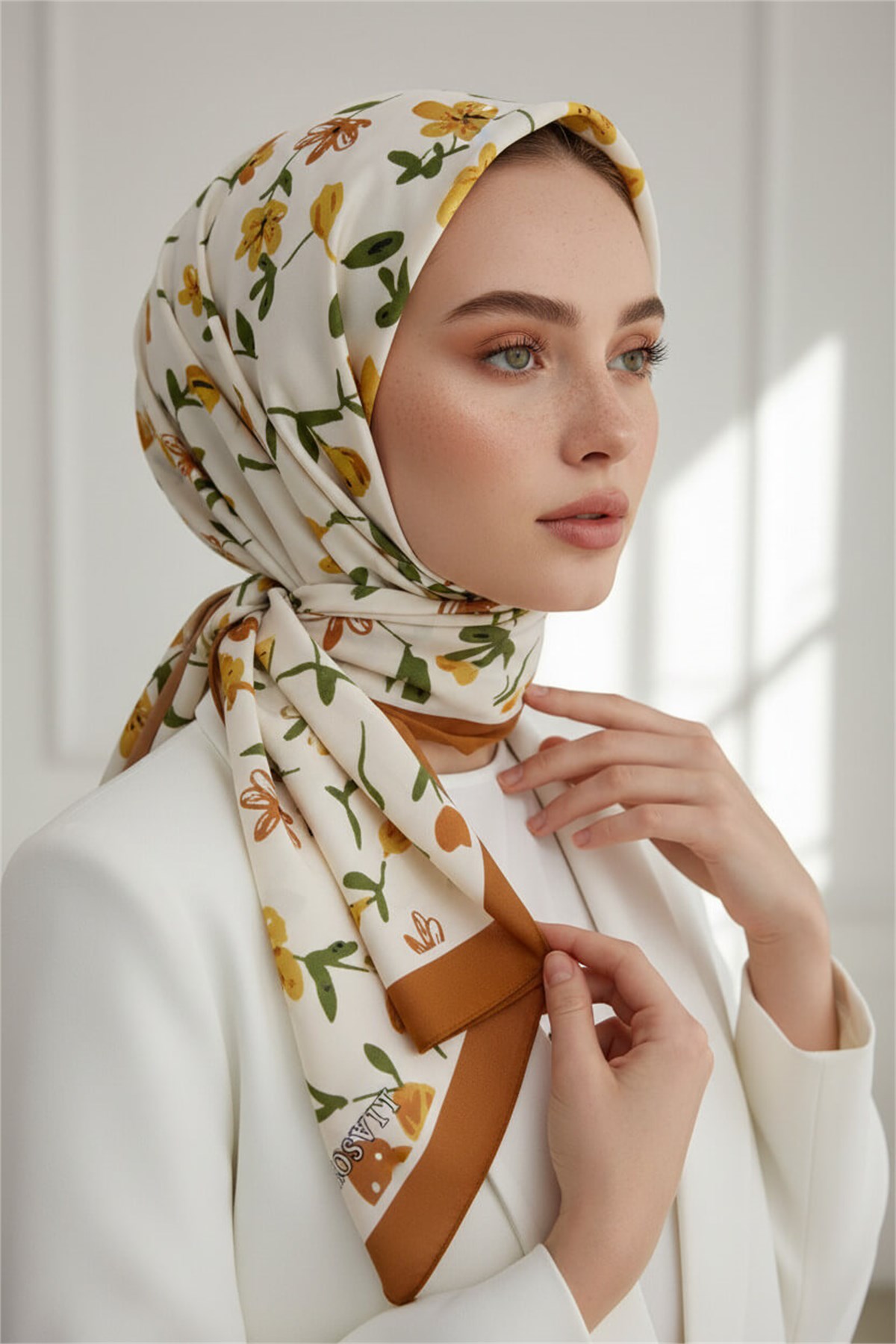 KREP ÇİÇEK DESENLİ HARDAL RENKLİ 75X195 KIRIŞMAZ ŞAL