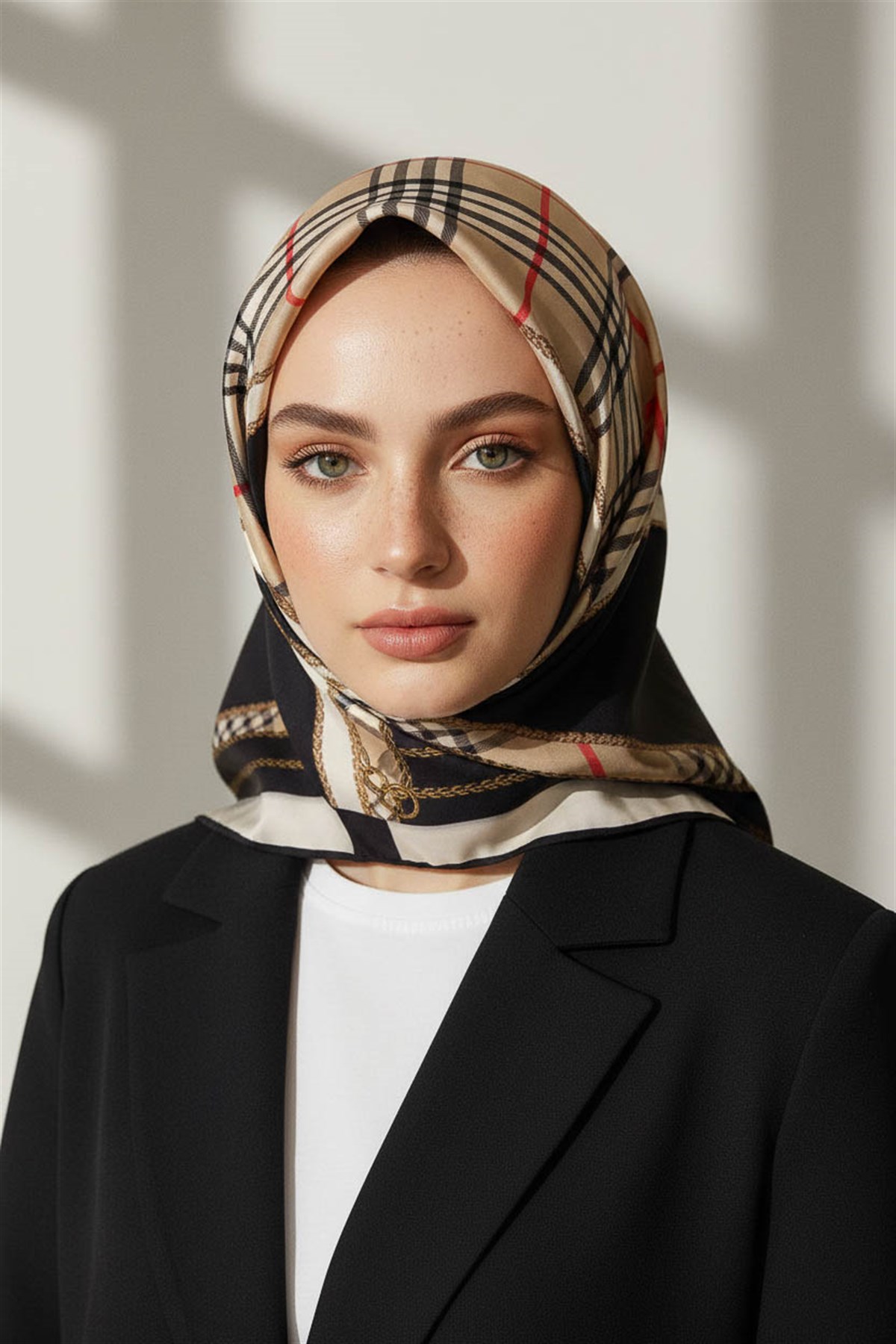 %100 Twill İpek Ekose Desenli Siyah Renkli 90x90 Eşarp Dikim Şekli : El Dikişi