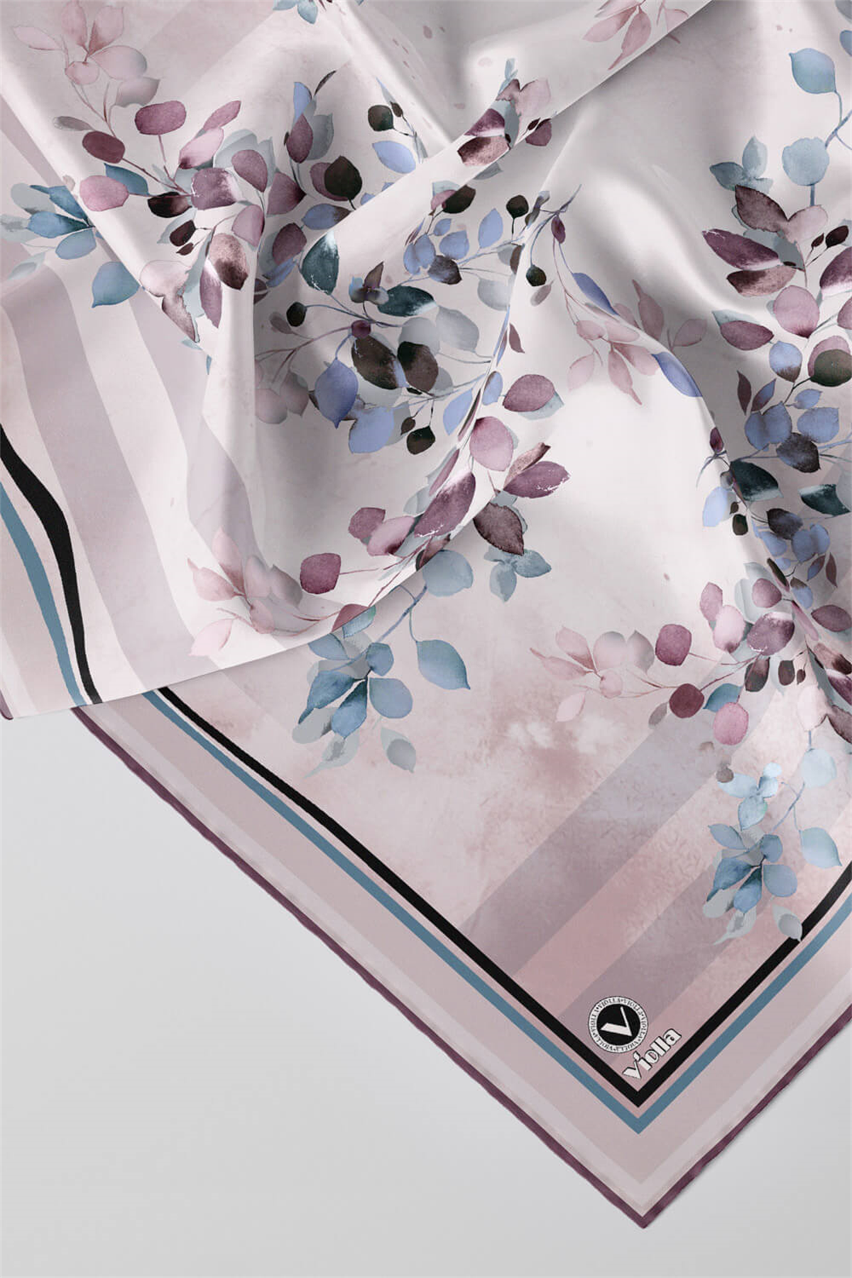 Twill Çiçek Desenli Mor Renkli 90x90 Eşarp (İpek İçermez) Kenar Dikiş Şekli El Dikişli