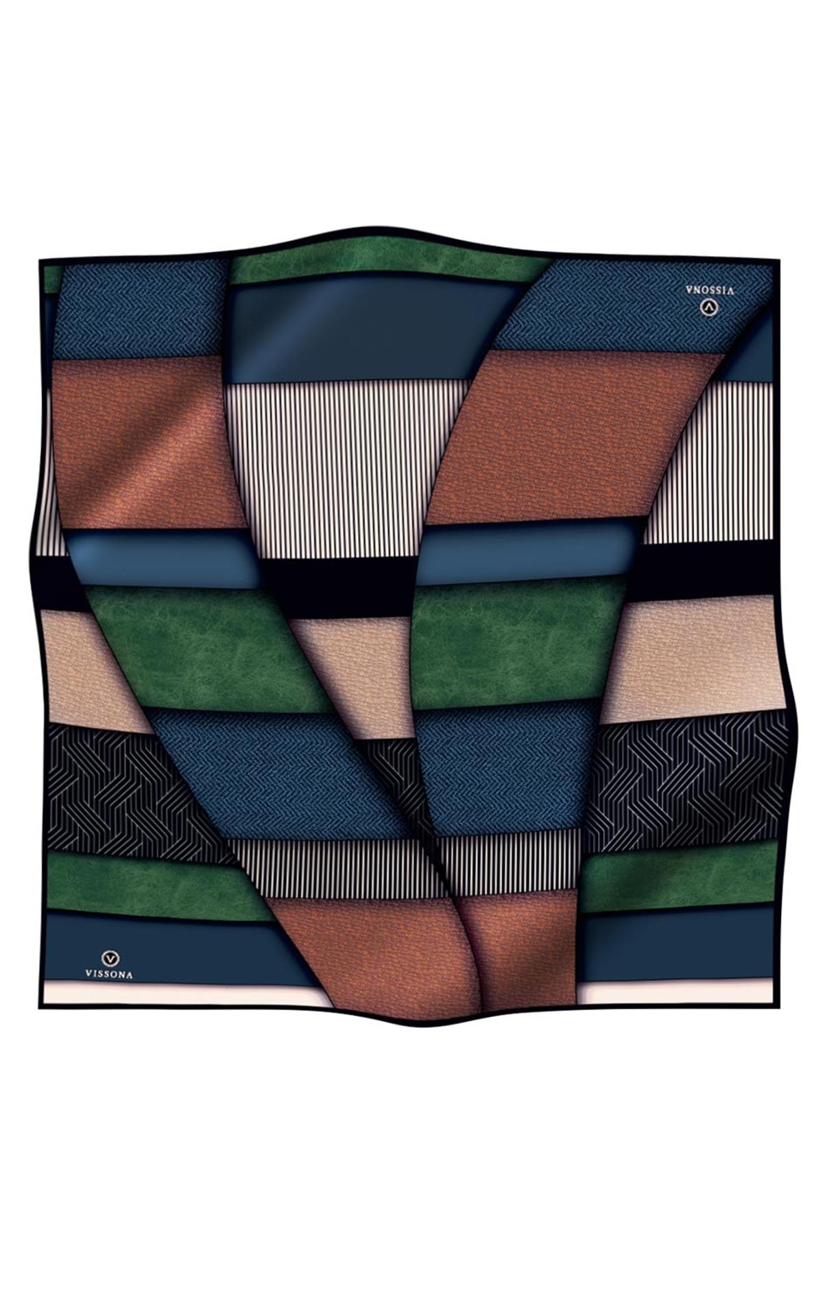 %100 Twill İpek Dokulu ve Geometrik Desenli Lacivert - Zümrüt Yeşili Renkli 90x90 Eşarp Dikim Şekli : El Dikişi