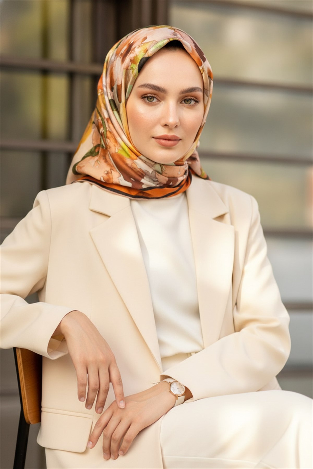 %100 Twill İpek Sulu Boyalı Çiçek Desenli Turuncu - Gold Renkli 90x90 Eşarp Dikim Şekli : El Dikişi