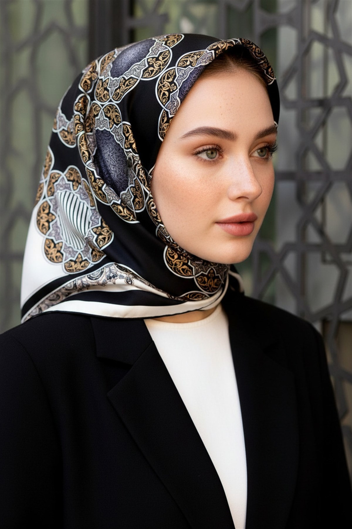 %100 Twill Türk Motifi  Desenli Siyah - Krem Renkli 90x90 Eşarp Dikim Şekli: El Dikişi