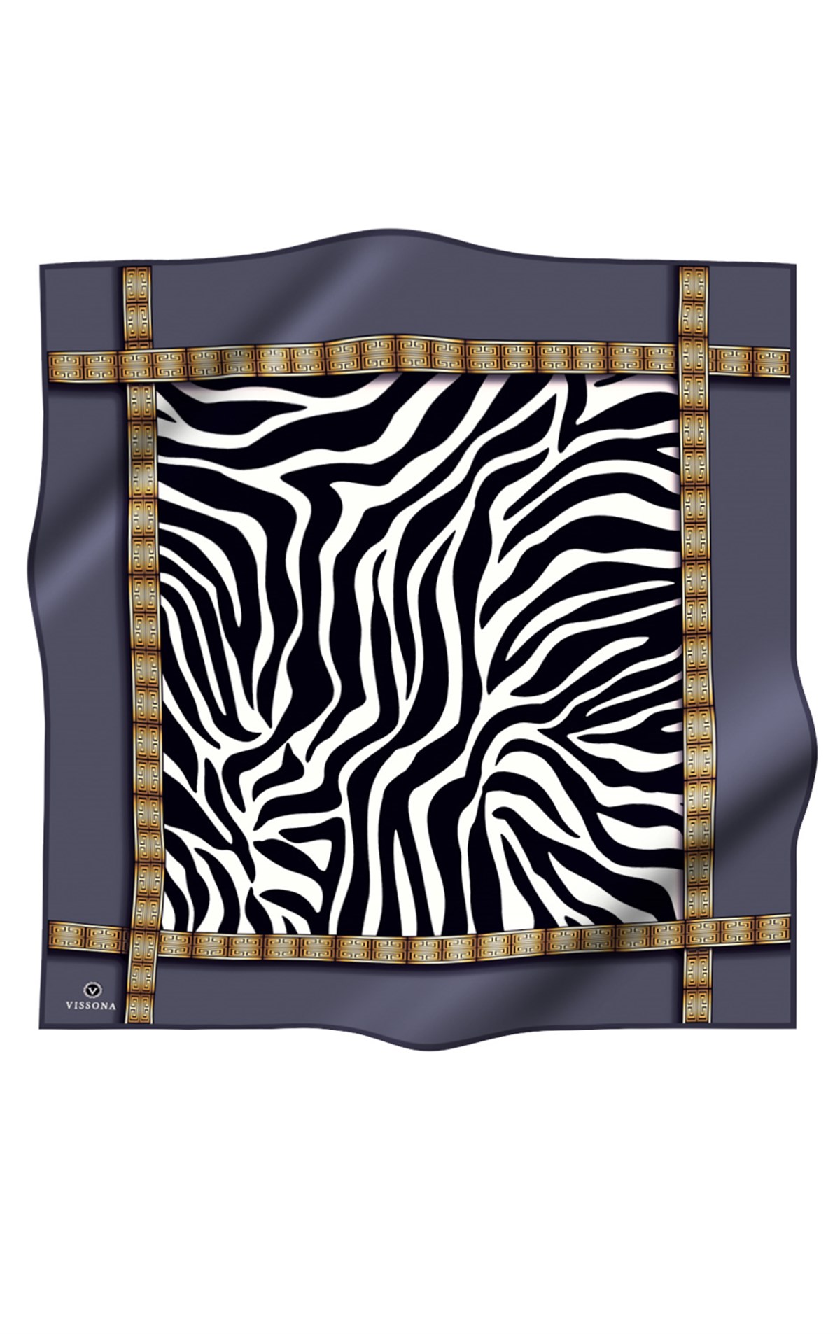 % 57 İPEK % 43 VİSKON Twill İpek Zebra Desenli Gri - Gold Renkli 90x90 Eşarp Dikim Şekli : El Dikişi