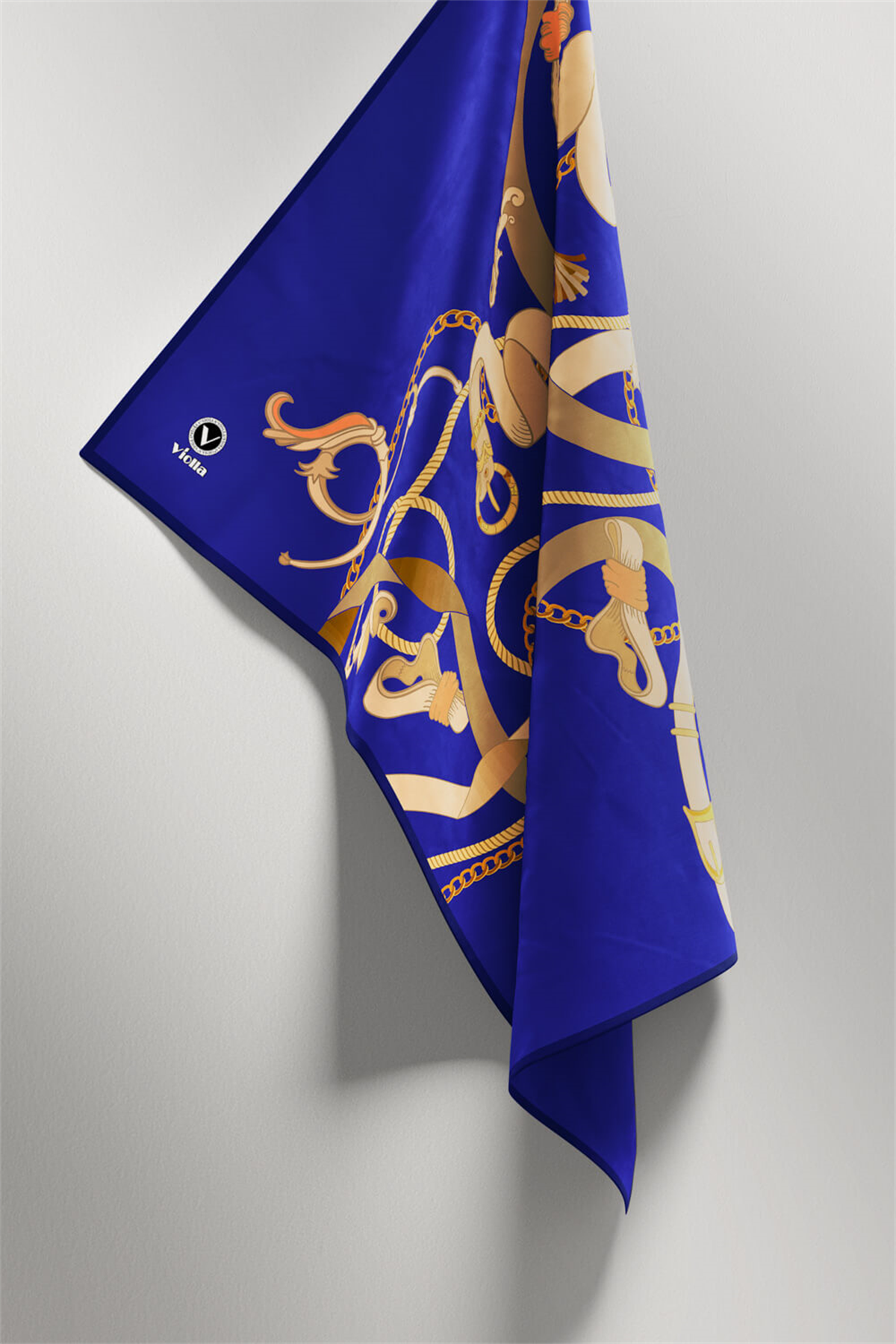 Twill Kemerli Ve Zincir Desenli Saks Renkli 90x90 Eşarp (İpek İçermez) Kenar Dikiş Şekli El Dikişli