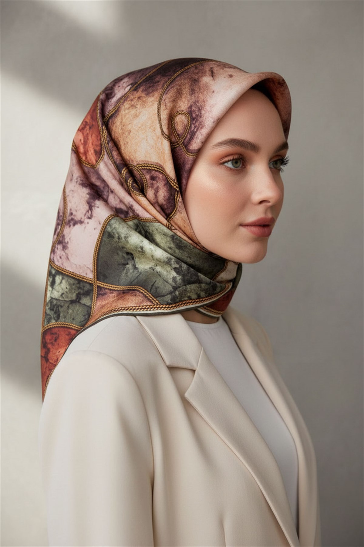 % 57 İPEK % 43 VİSKON Twill İpek Zincirli Mermer Desenli Haki - Bakır Renkli 90x90 Eşarp Dikim Şekli : El Dikişi