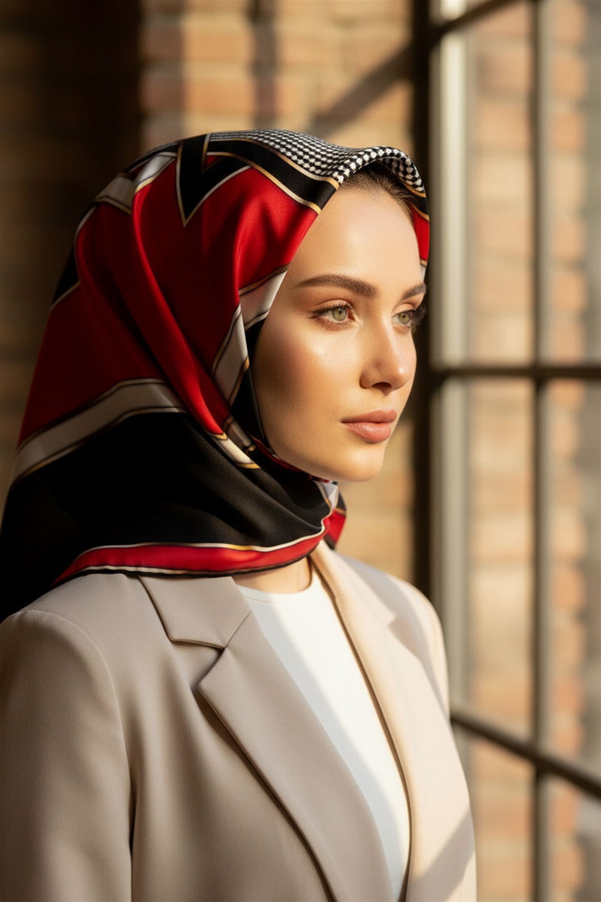 %100 Twill İpek Kareli Kazayaklı Desenli Siyah - Kırmızı Renkli 90x90 Eşarp Kenar Dikiş Şekli El Dikişli