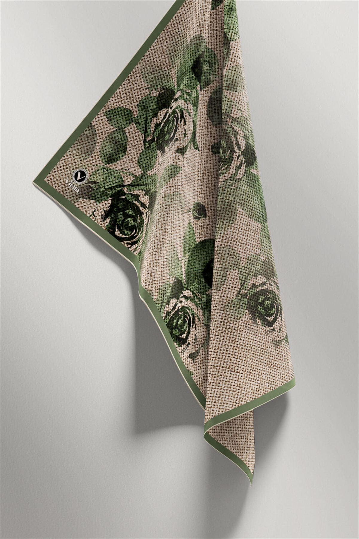 Twill Gül Desenli Zümrüt Yeşili Renkli 90x90 Eşarp (İpek İçermez) Kenar Dikiş Şekli El Dikişli