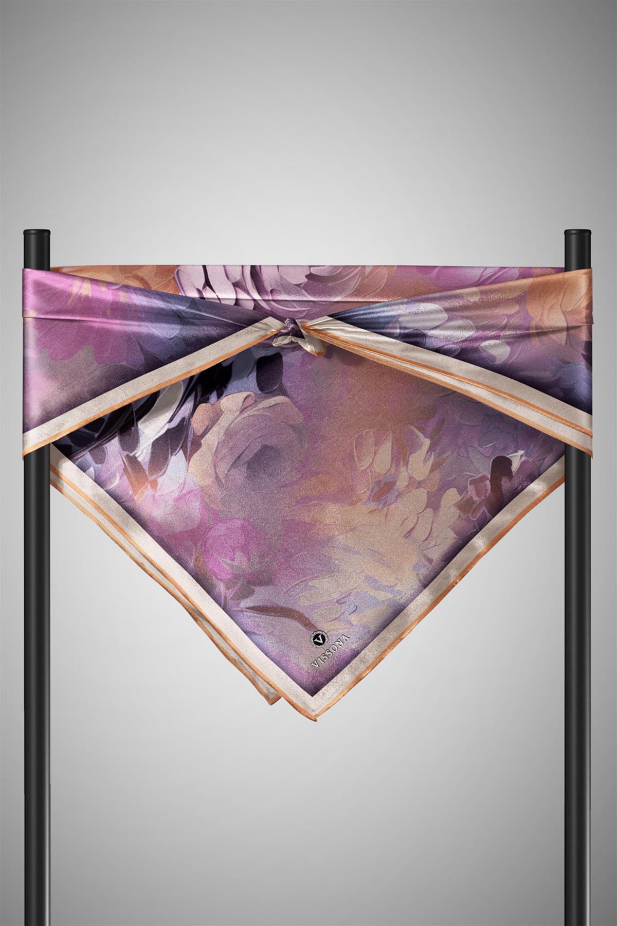 %100 Twill İpek Dumanlı Çiçek Desenli Somon - Lila Renkli 90x90 Eşarp Kenar Dikiş Şekli El Dikişli