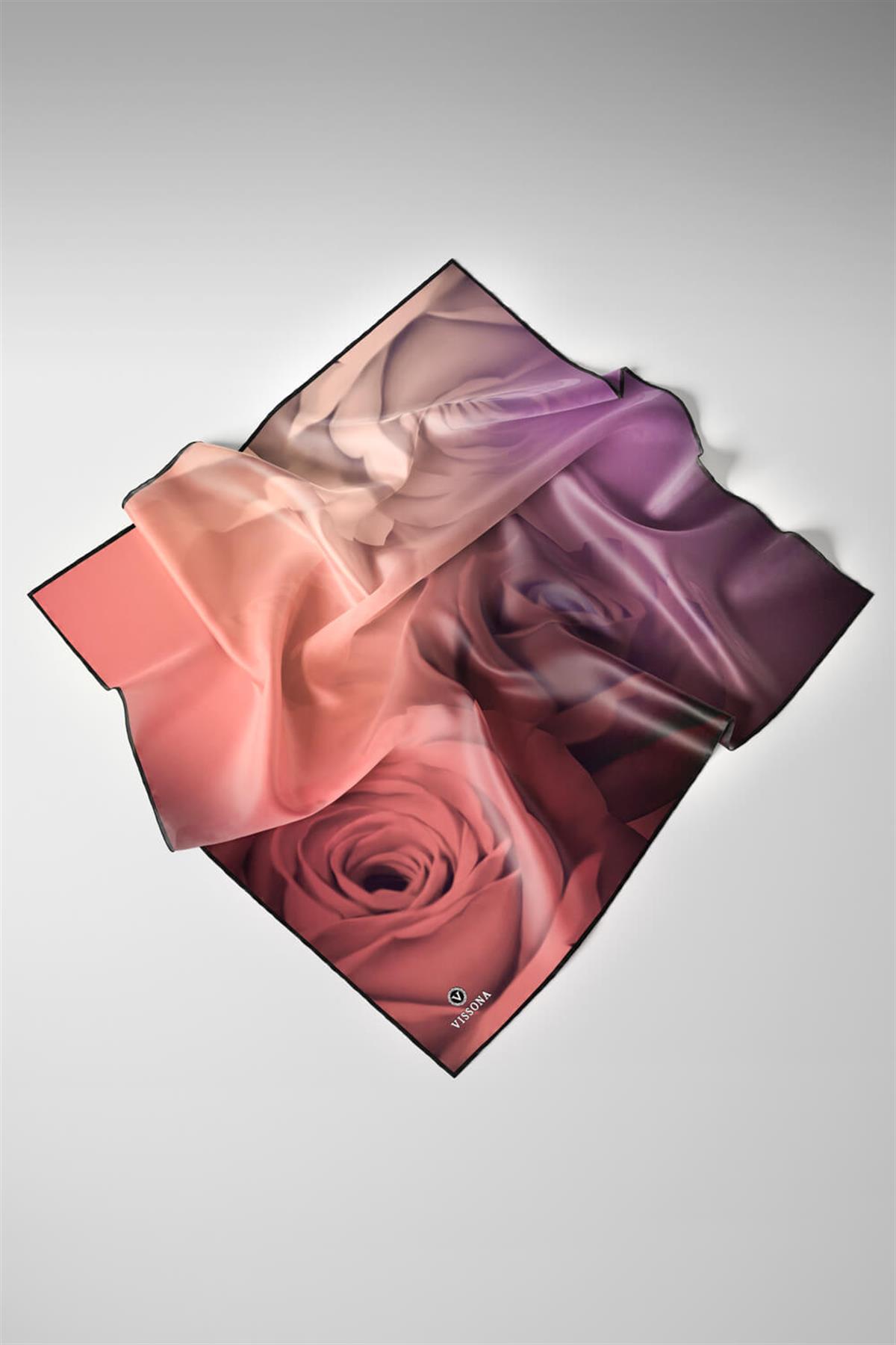 %100 Twill İpek Gül Desenli Lila - Somon Renkli 90x90 Eşarp Dikim Şekli : El Dikişi