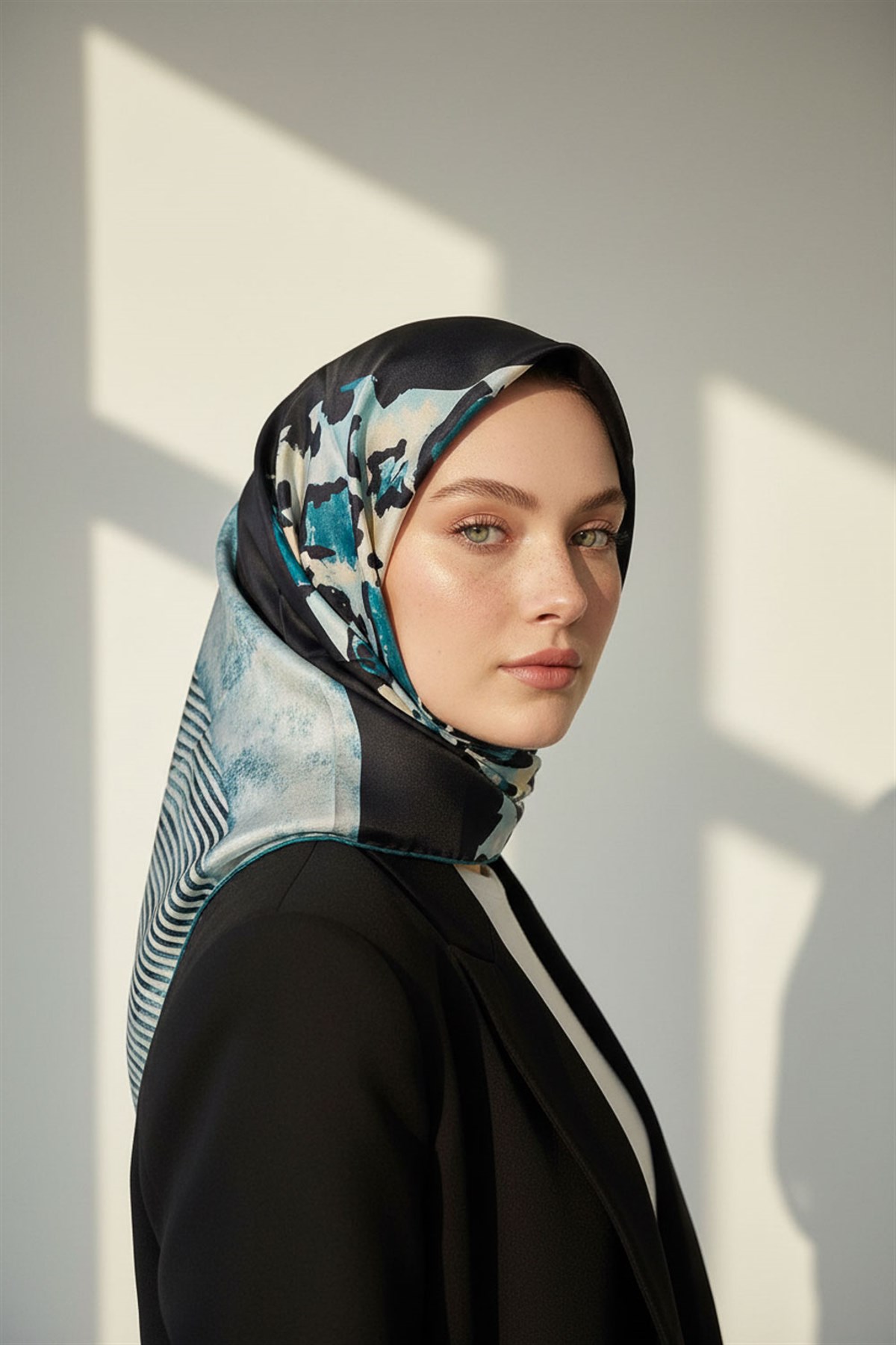 %100 Twill İpek Leopar Ve Geometrik Desenli Petrol Mavisi Renkli 90x90 Eşarp Dikim Şekli : El Dikişi
