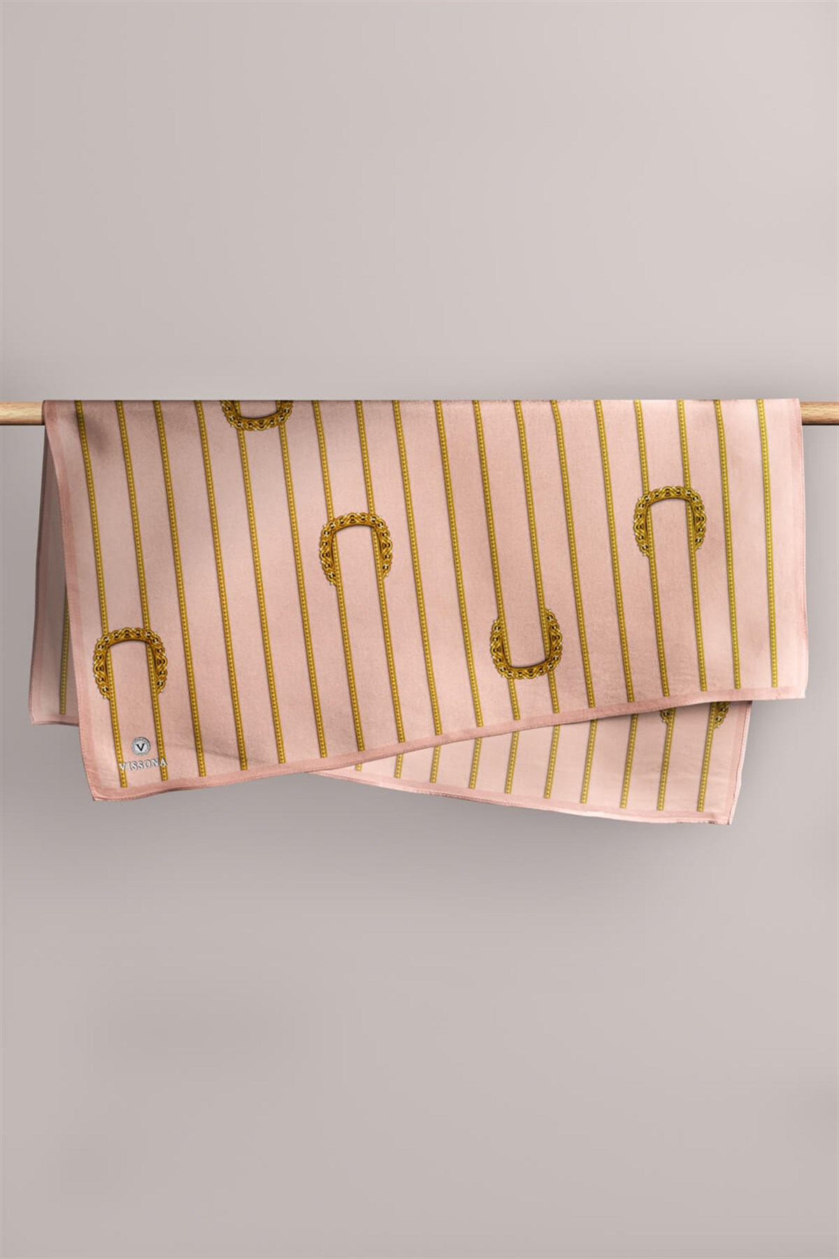 %100 Twill İpek Kemer Desenli Gold - Somon Renkli 90x90 Eşarp Dikim Şekli : El Dikişi