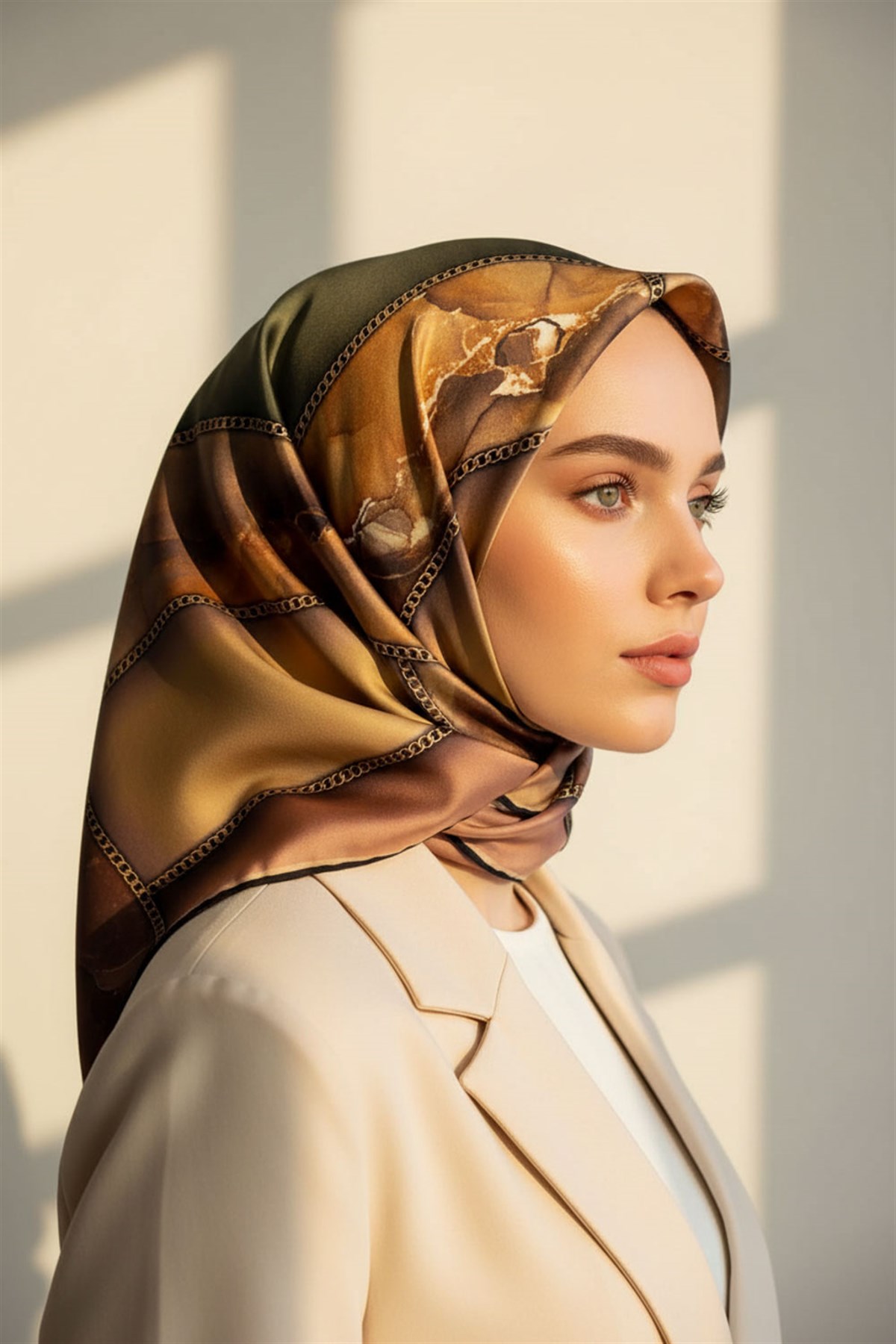 %100 Twill İpek Efektli Bant Desenli Bakır - Bej Renkli 90x90 Eşarp Dikim Şekli : El Dikişi