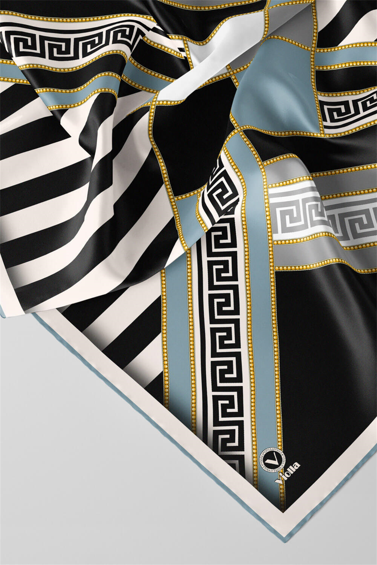 Twill Çizgili Geometrik Desenli Buz Mavisi Renkli 90x90 Eşarp (İpek İçermez) Kenar Dikiş Şekli El Dikişli
