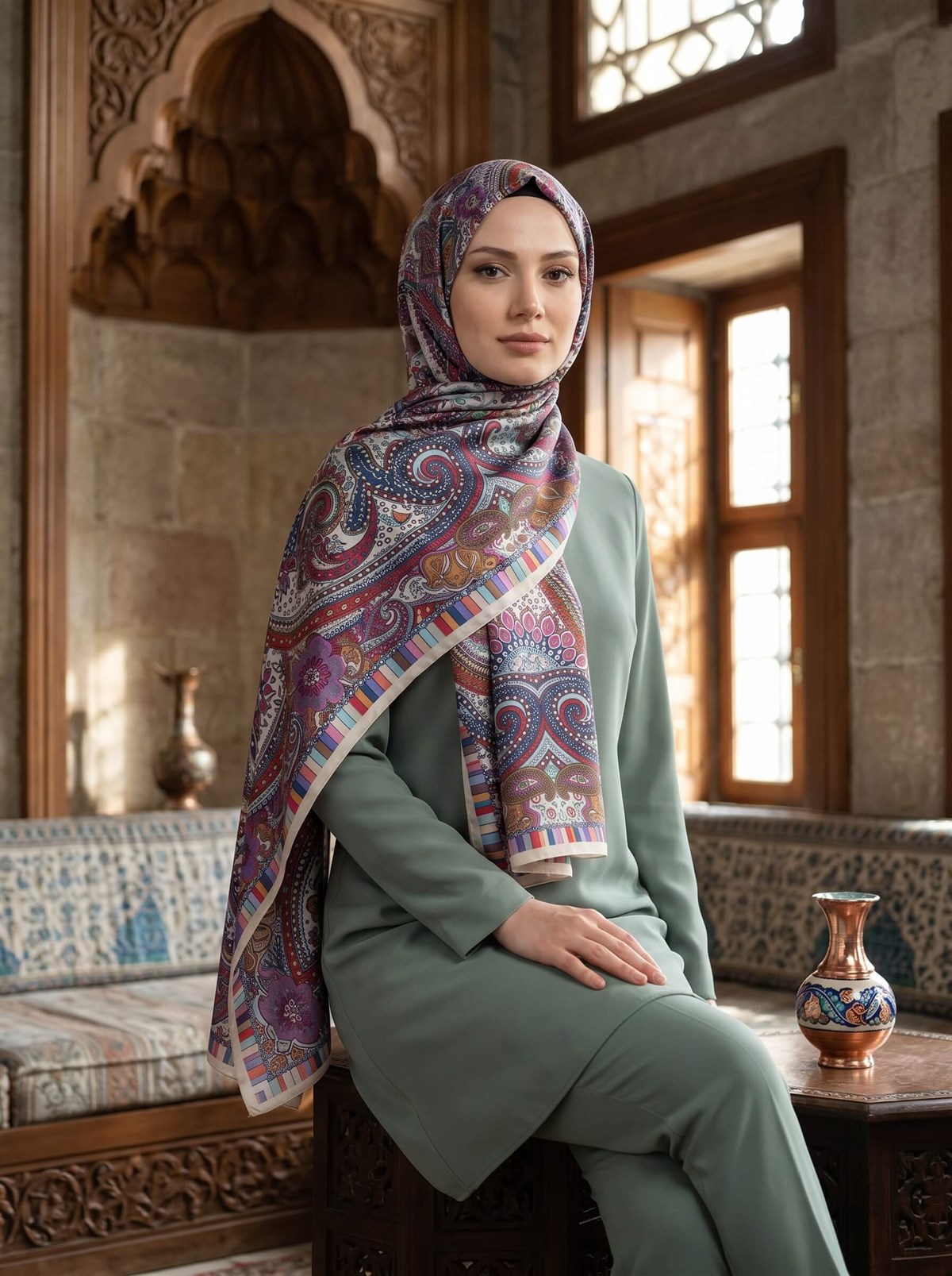 100% İpek Etro Desenli Krem Renkli 92x210 Şal