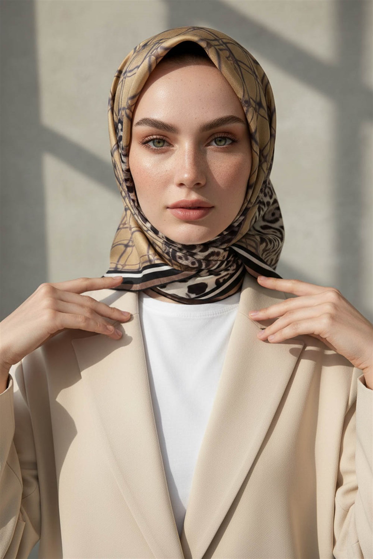 %100 Twill İpek Leopar Desenli Bej Renkli 90x90 Eşarp Dikim Şekli : El Dikişi
