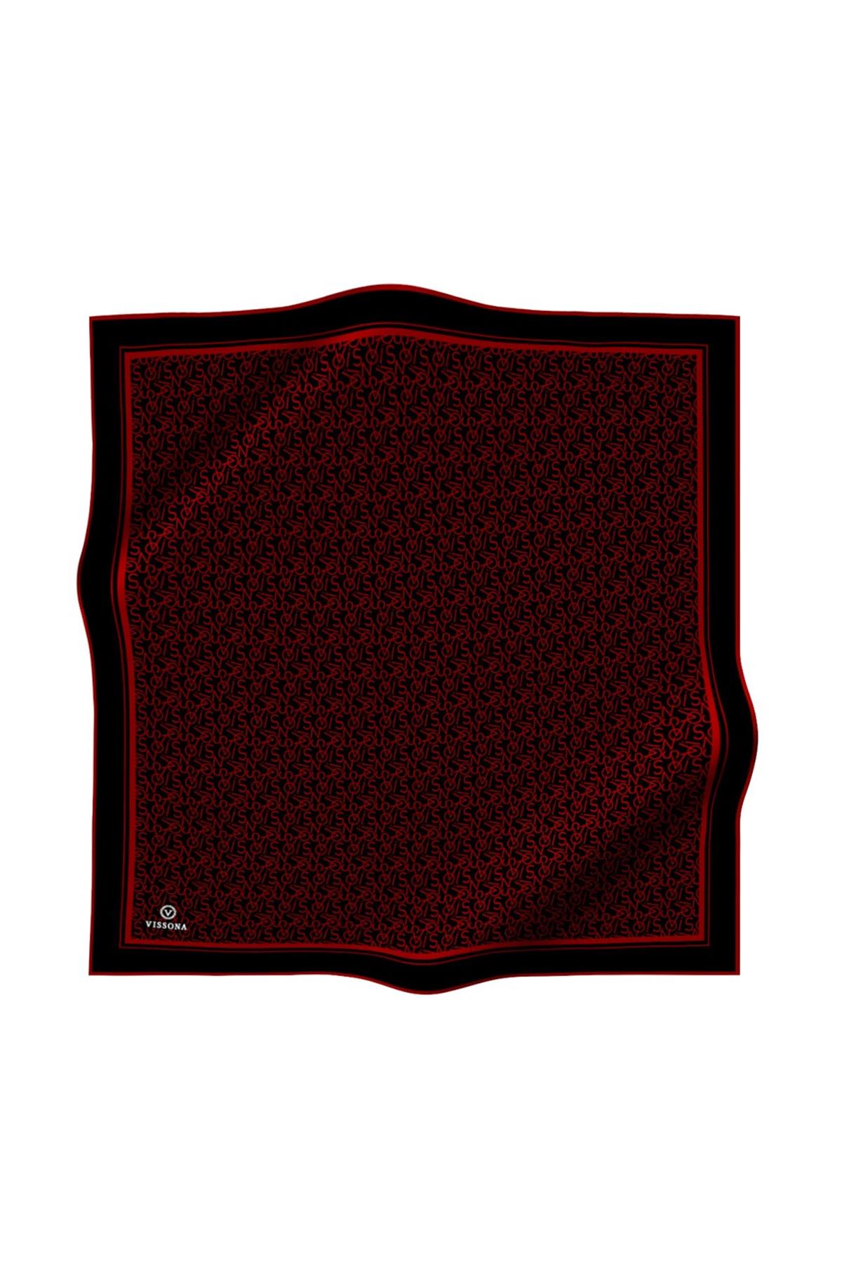 %100 Twill İpek Harf Desenli Siyah - Kırmızı Renkli 90x90 Eşarp Dikim Şekli : El Dikişi