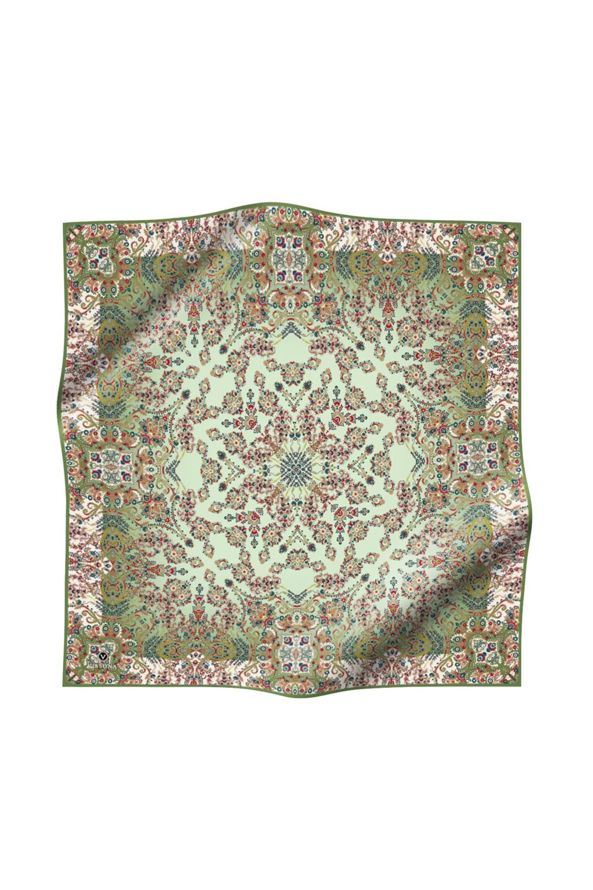 %100 Twill İpek Şal Desenli Haki Renkli 90x90 Eşarp Dikim Şekli : El Dikişi