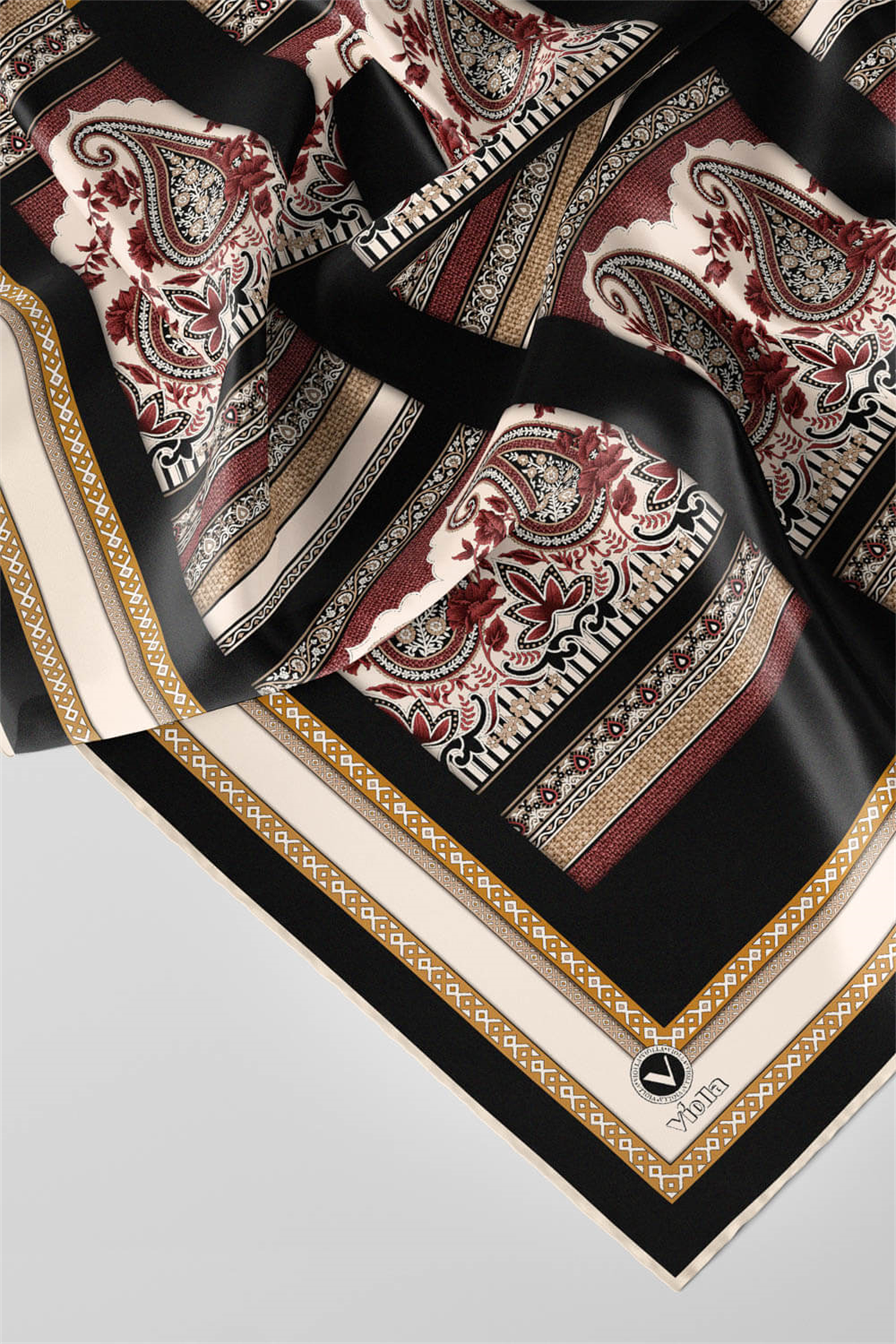 Twill Şal Desenli Siyah Renkli 90x90 Eşarp (İpek İçermez) Kenar Dikiş Şekli El Dikişli