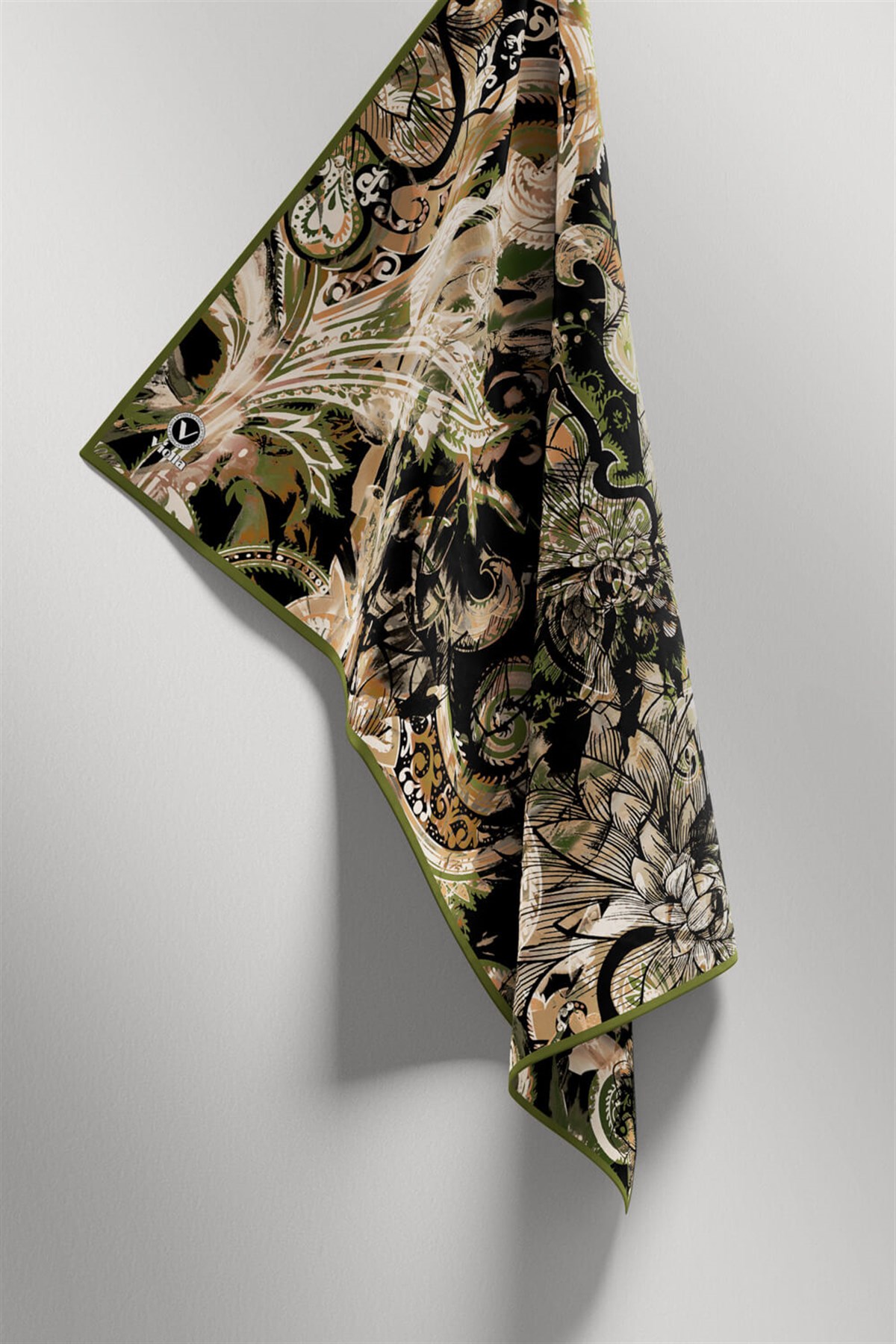 Twill Şal Desenli Haki Renkli 90x90 Eşarp (İpek İçermez) Kenar Dikiş Şekli El Dikişli