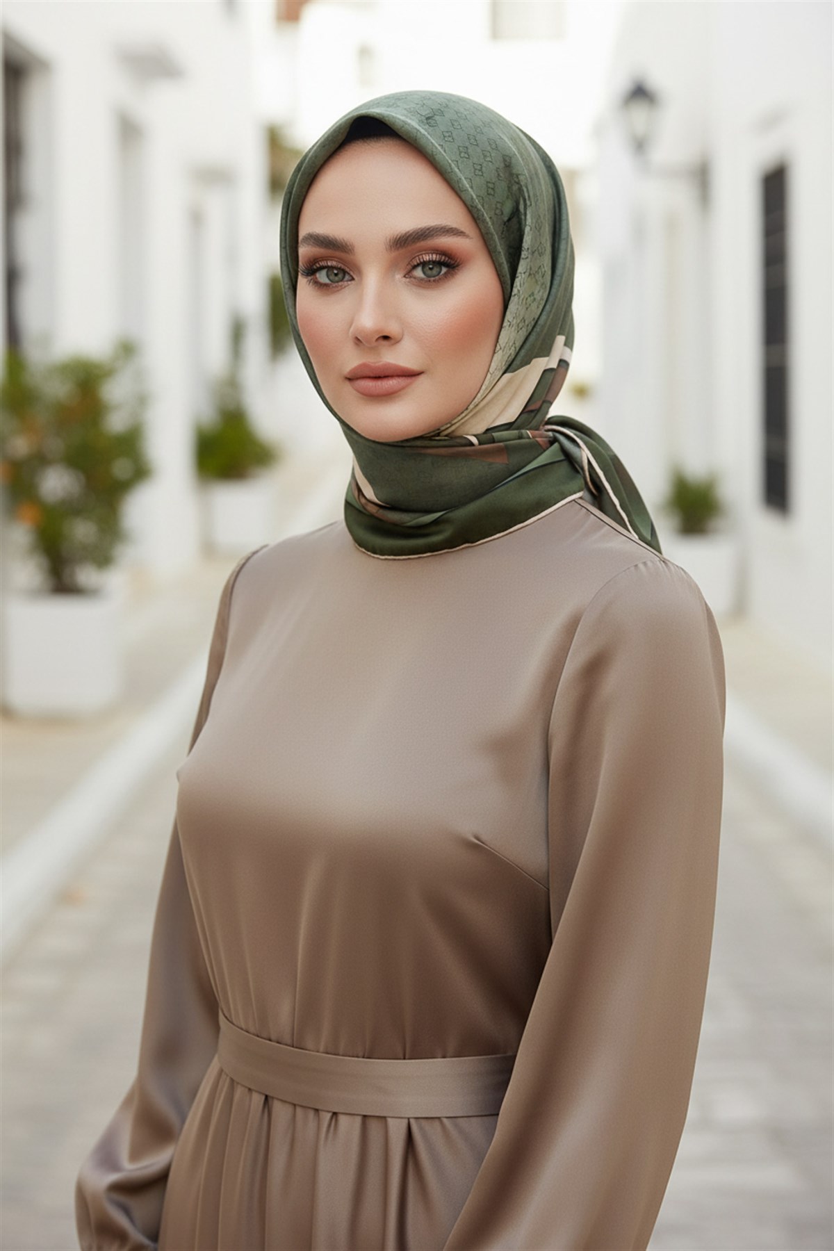 % 57 İPEK % 43 VİSKON Twill İpek Degrade Desenli Haki - Bej Renkli 90x90 Eşarp Dikim Şekli : El Dikişi
