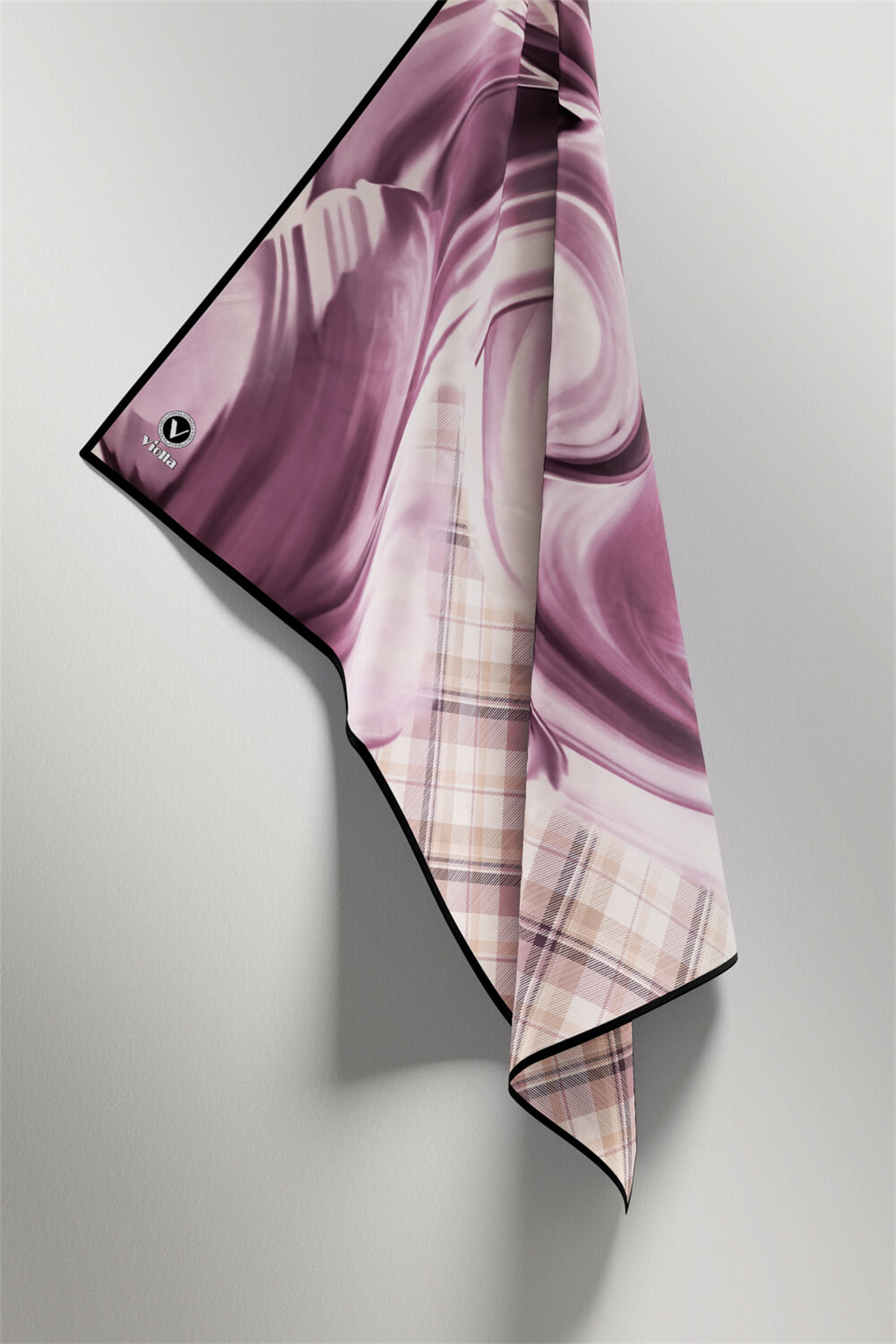 Twill Dalga ve Ekose Desenli Lila Renkli 90x90 Eşarp (İpek İçermez)Kenar Dikiş Şekli El Dikişli