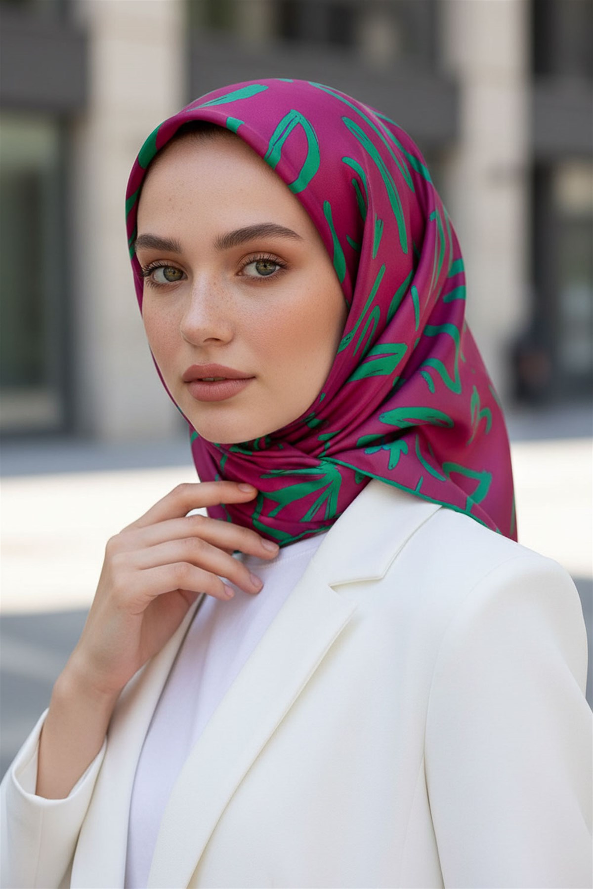 % 57 İPEK % 43 VİSKON Twill İpek Büyük Çiçek Desenli Fuşya - Koyu Mint Yeşili Renkli 90x90 Eşarp Dikim Şekli : El Dikişi