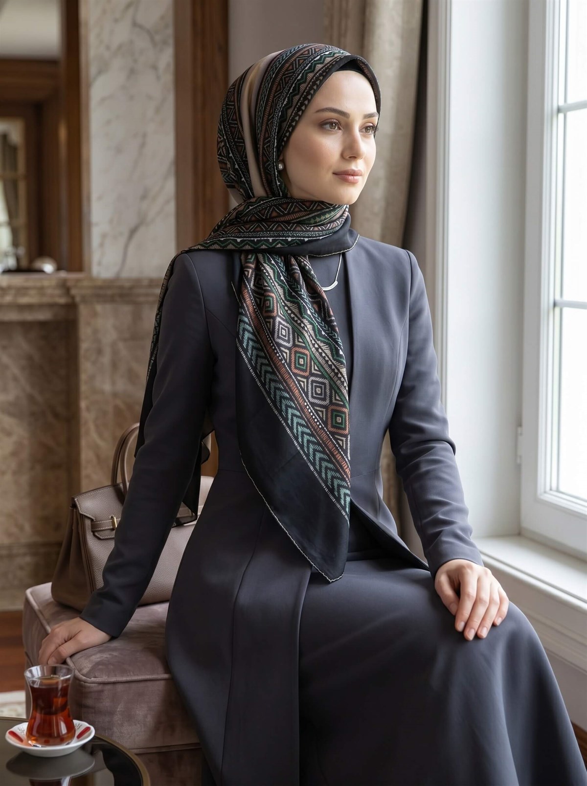 %100 İPEK ETNİK DESENLİ BEJ - SİYAH RENKLİ ŞAL
