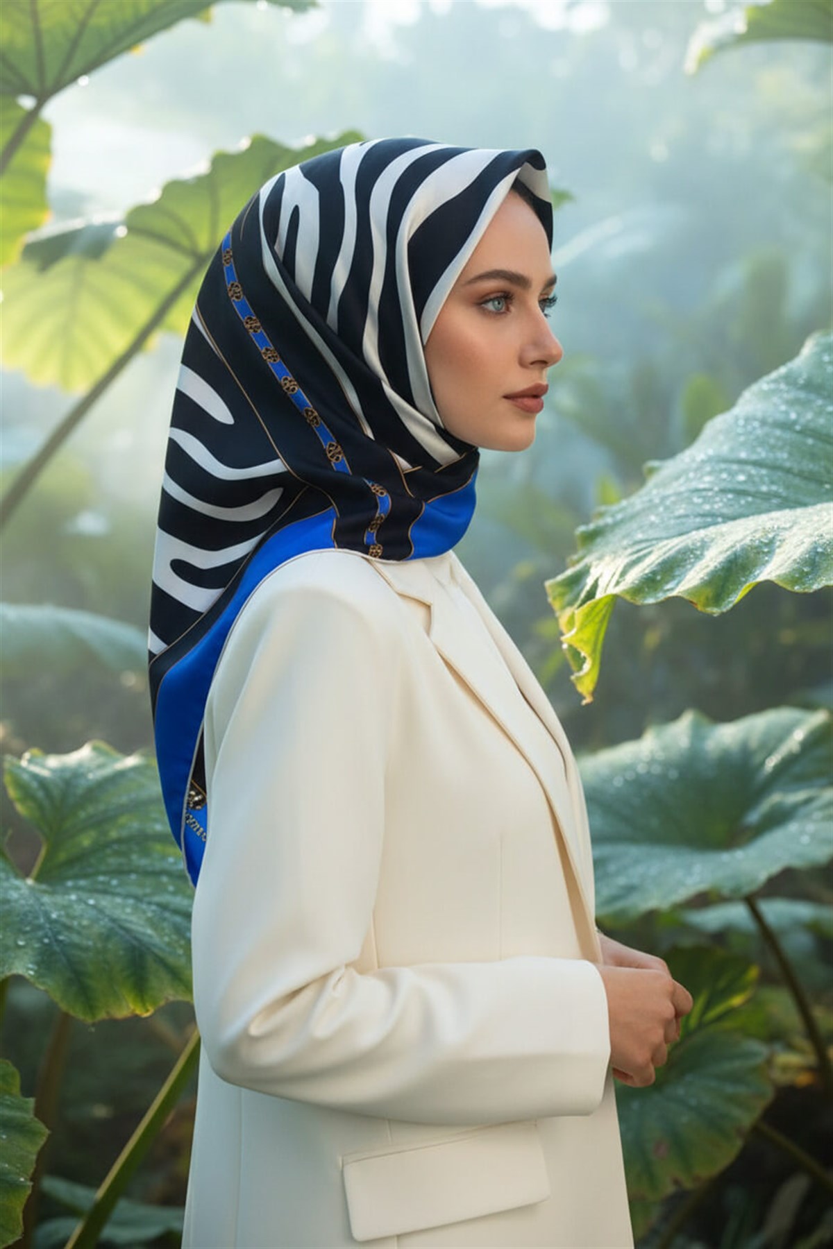 %100 Twill İpek Zebra Desenli Saks - Lacivert  Renkli 90x90 Eşarp Kenar Dikiş Şekli El Dikişli