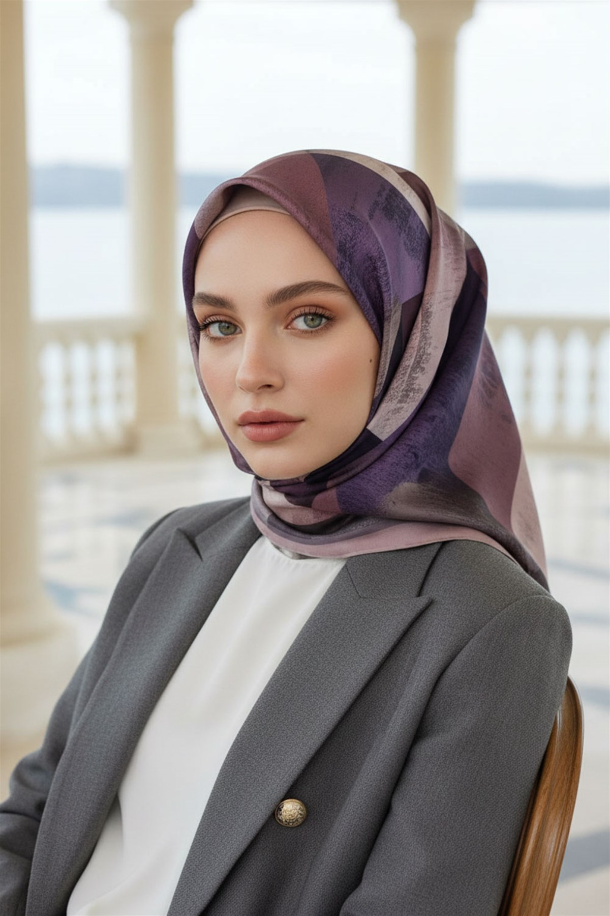 %100 Twill İpek Geometrik Desenli Lila - Pembe Renkli 90x90 Eşarp Dikim Şekli : El Dikişi