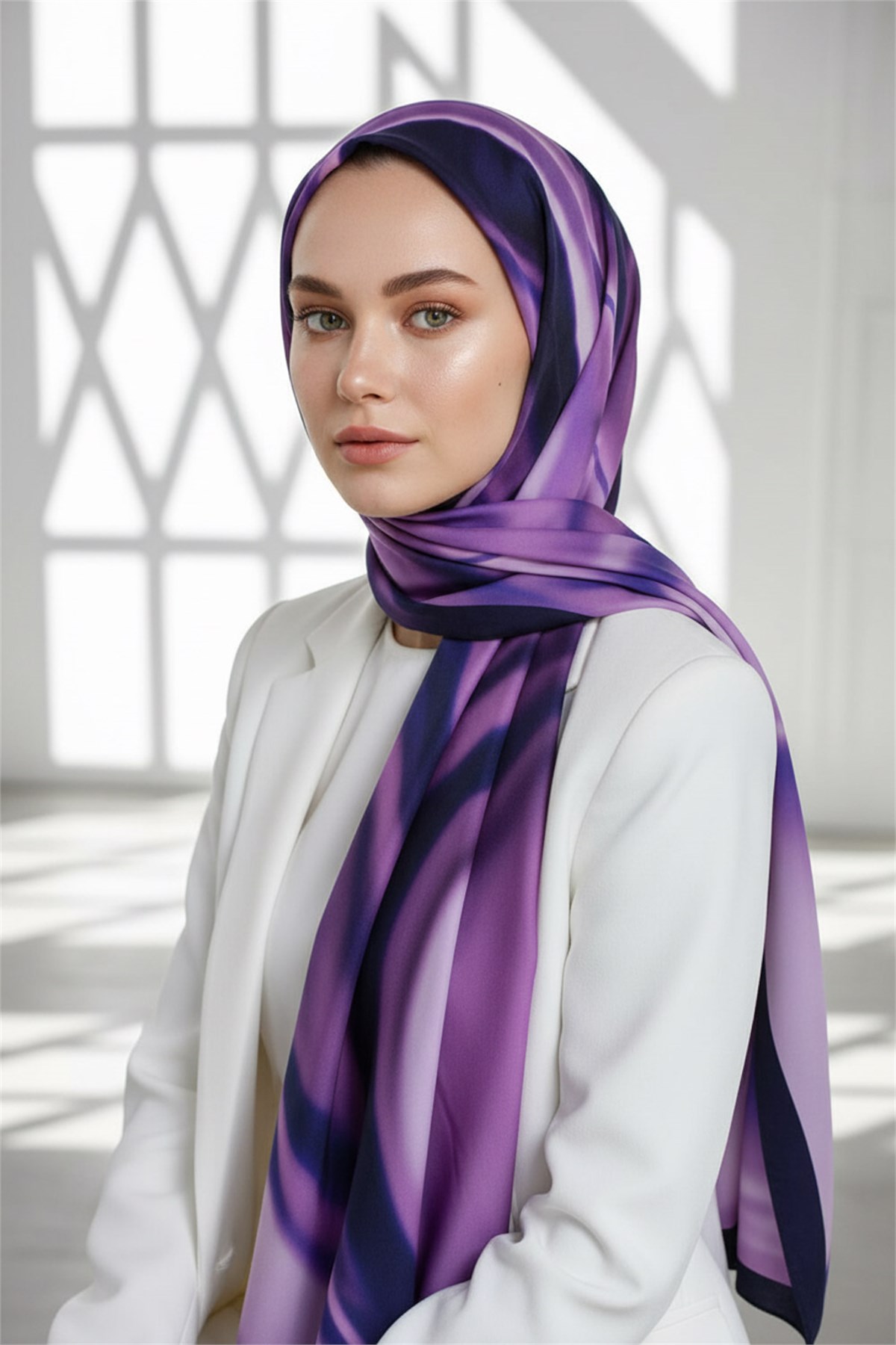 KREP DALGA DESENLİ LİLA - LACİVERT RENKLİ 75X195 KIRIŞMAZ EŞARP