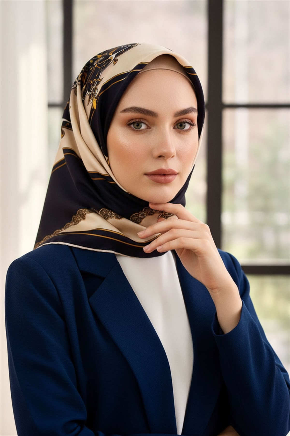 %100 Twill Barok Desenli Lacivert - Krem Renkli 90x90 Eşarp Dikim Şekli: El Dikişi