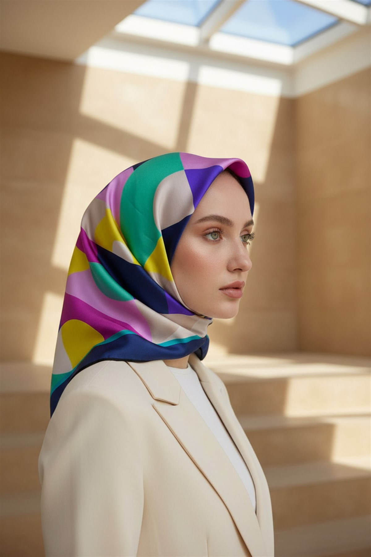 %100 Twill Renk Bloklu Çizgili Desenli Pembe - Lacivert Renkli 90x90 Eşarp Dikim Şekli: El Dikişii
