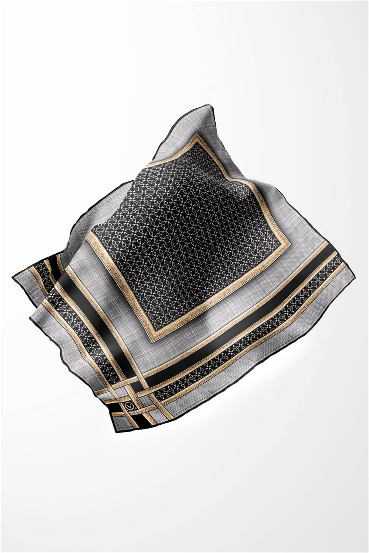 Twill Gold Bordürlü Geometrik Desenli Gri Renkli 90x90 Eşarp (İpek İçermez) Kenar Dikiş Şekli El Dikişli