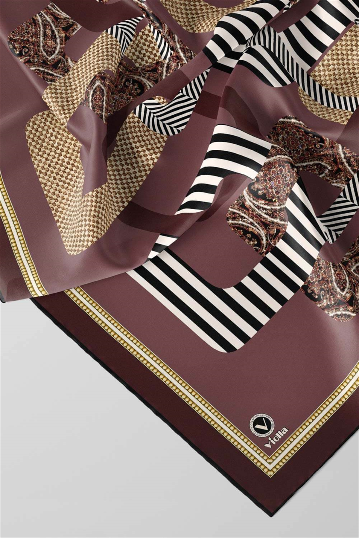 Twill Geometrik Desenli Gül Kurusu Renkli 90x90 Eşarp (İpek İçermez) Kenar Dikiş Şekli El Dikişli