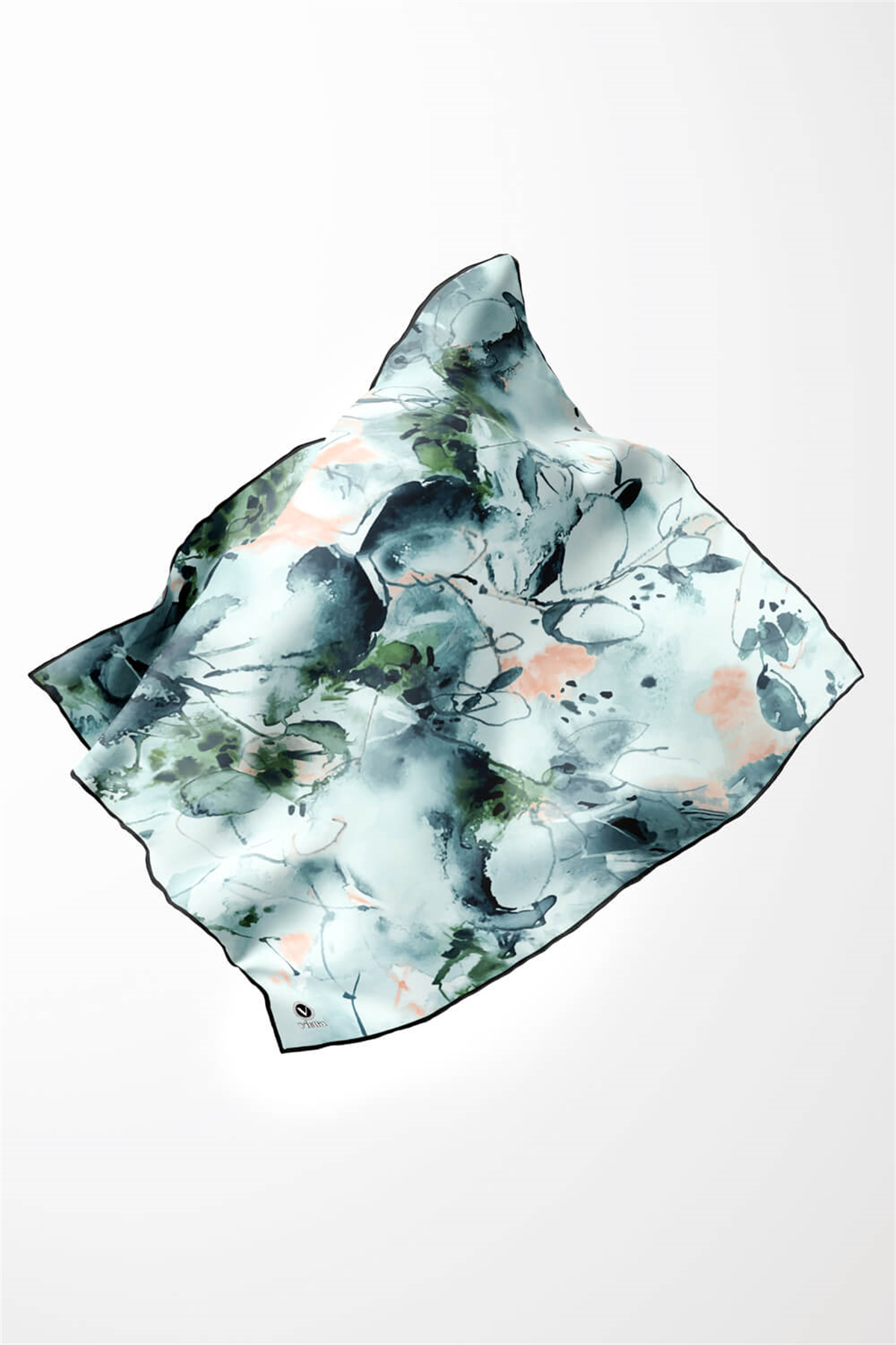 Twill Batik Çiçek Desenli Buz Mavisi Renkli 90x90 Eşarp (İpek İçermez) Kenar Dikiş Şekli El Dikişli