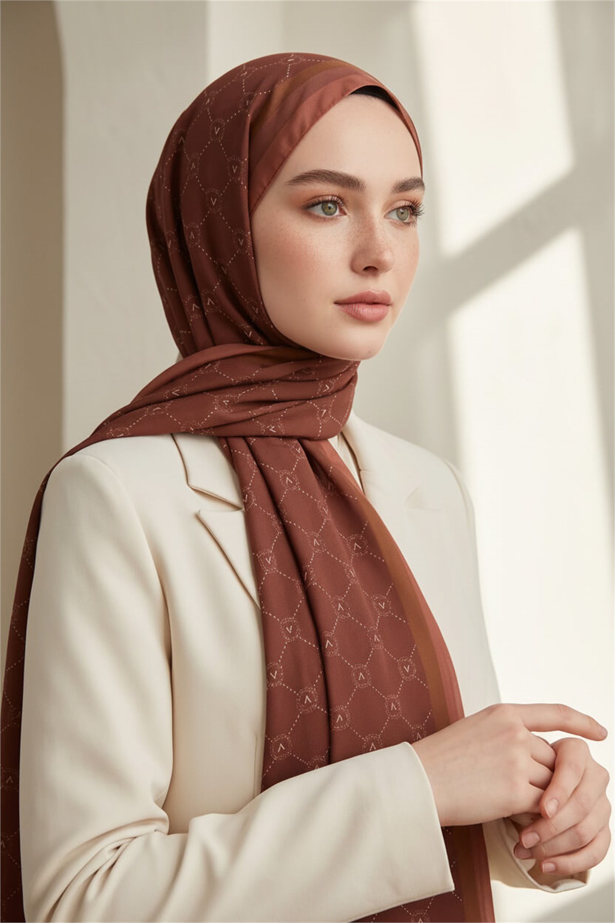 KREP MONOGRAM DESENLİ TABA RENKLİ 75X195 KIRIŞMAZ ŞAL