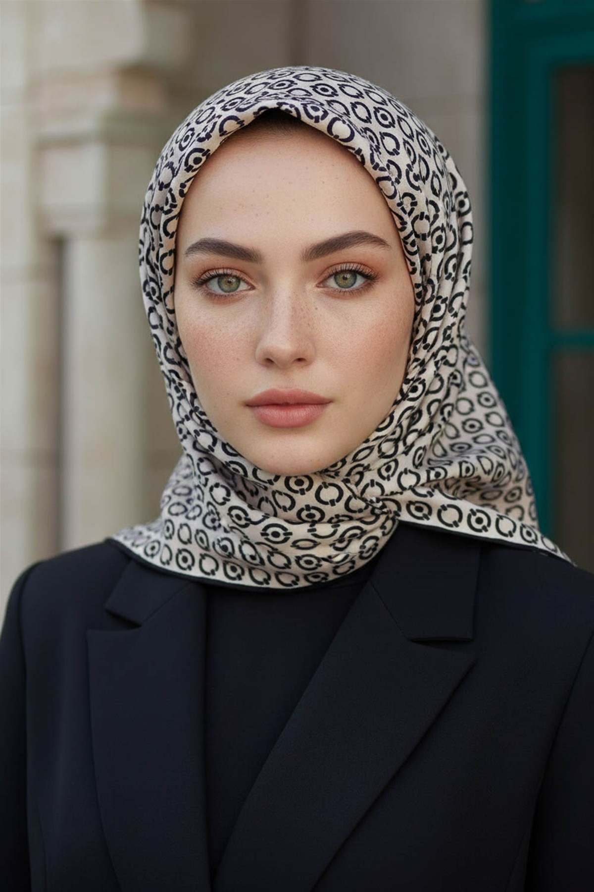 %100 Twill İpek Zincir Desenli Krem - Siyah Renkli 90x90 Eşarp Kenar Dikiş Şekli El Dikişli