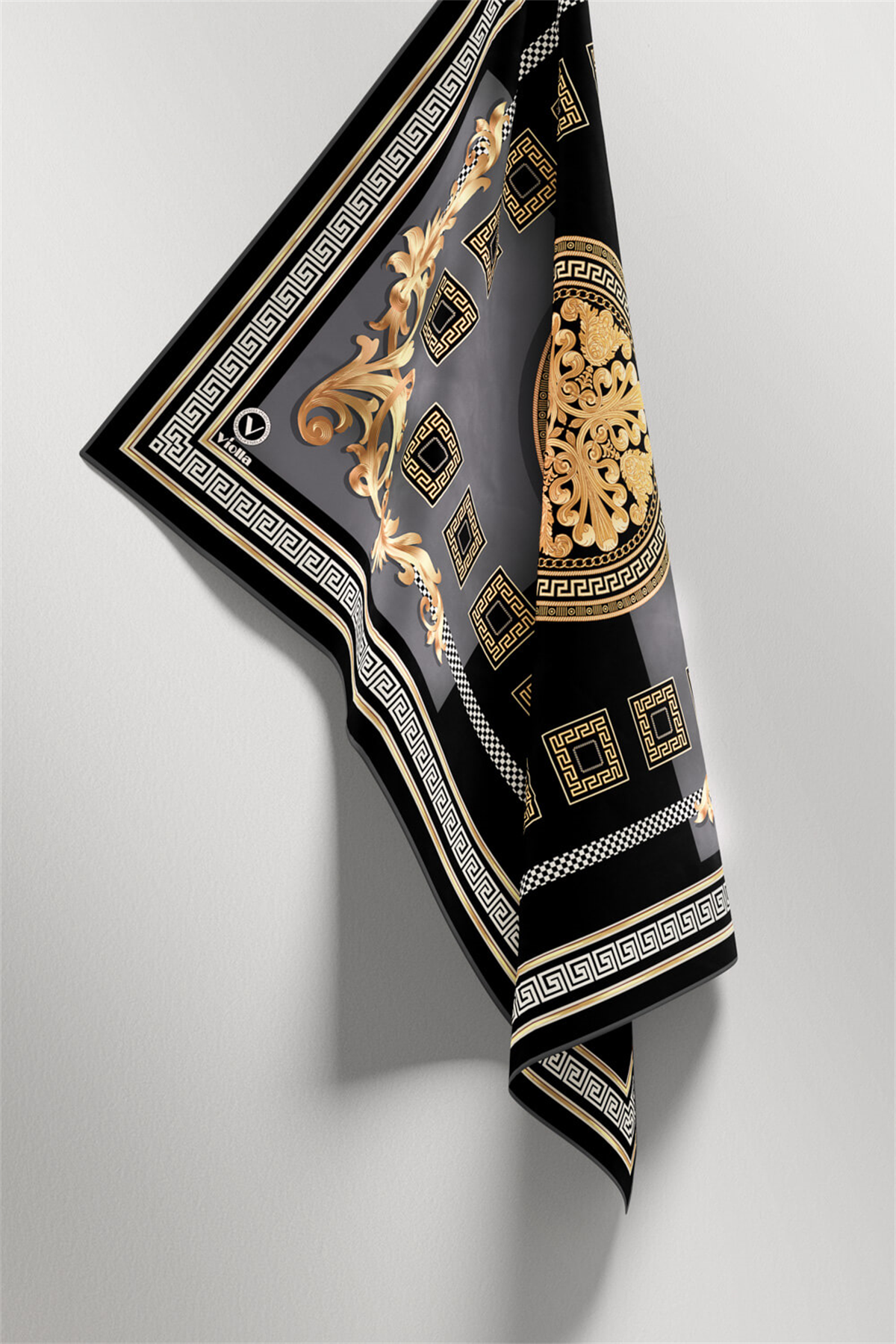Twill Barok Desenli Gri Renkli 90x90 Eşarp (İpek İçermez) Kenar Dikiş Şekli El Dikişli