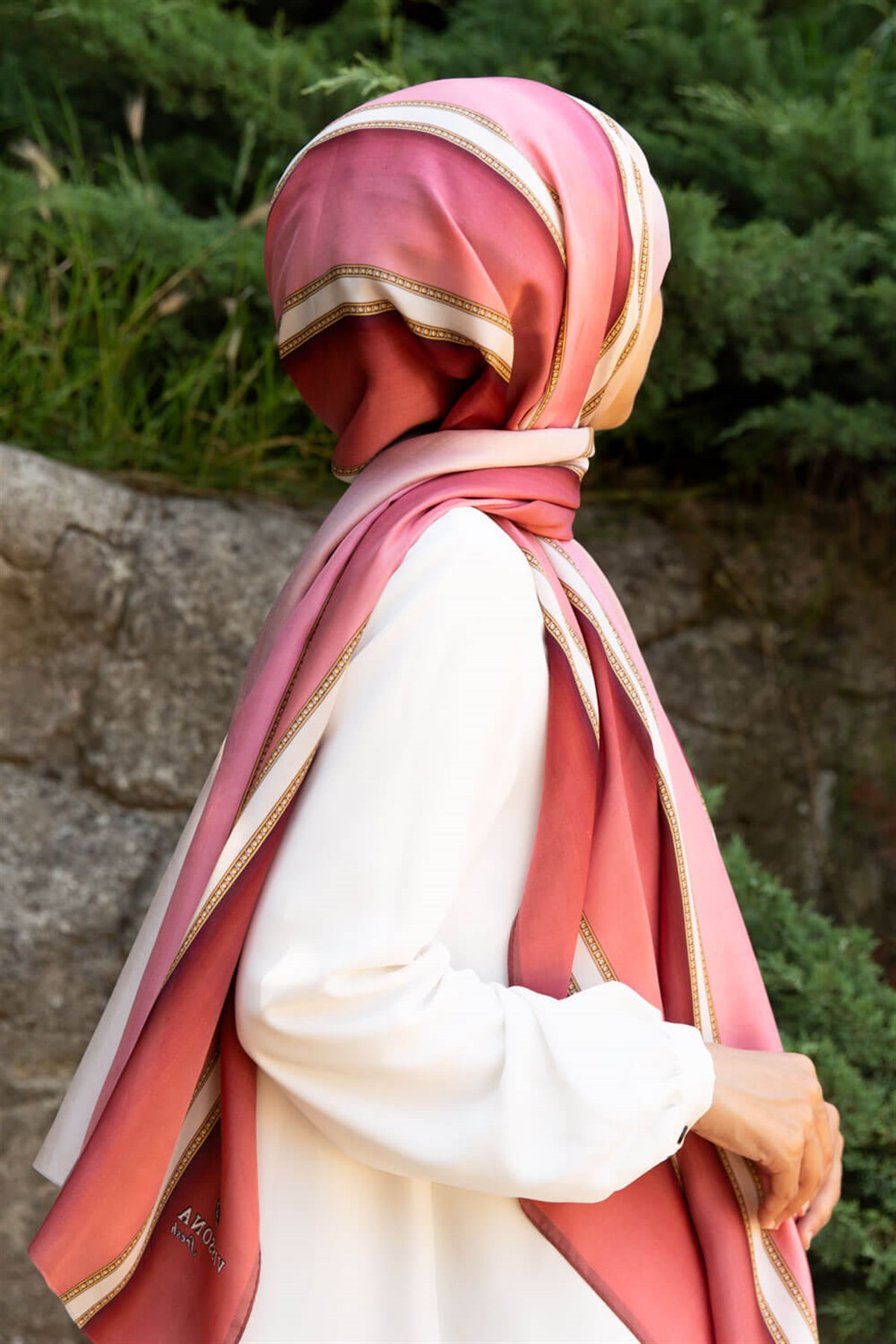 %100 İpek Şerit Desenli Gül Kurusu - Pudra Renkli 92x210 Şal