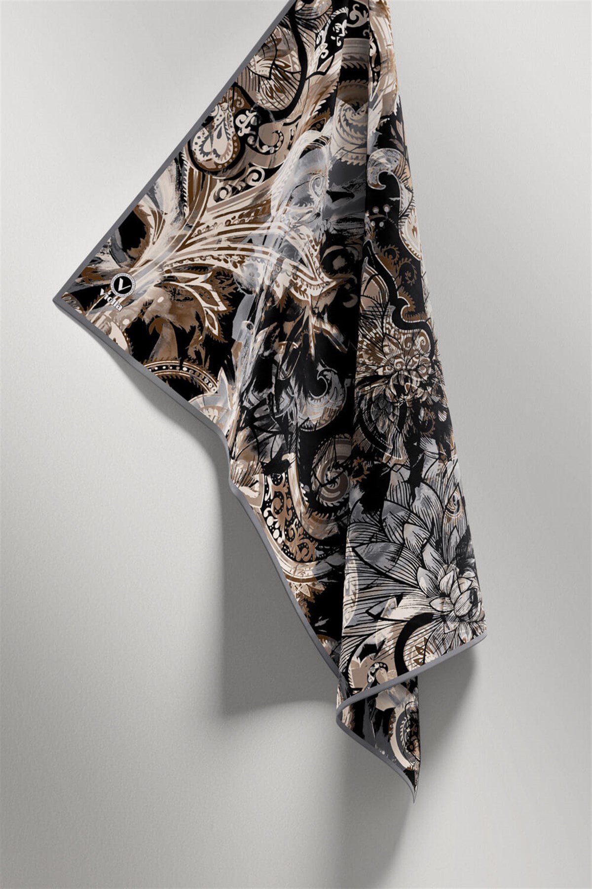 Twill Şal Desenli Gri Renkli 90x90 Eşarp (İpek İçermez) Kenar Dikiş Şekli El Dikişli