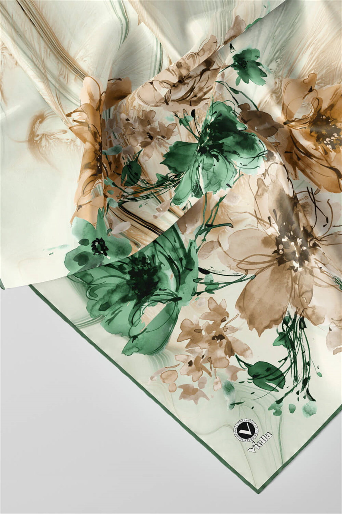 Twill Çiçek Desenli Petrol Yeşili Renkli 90x90 Eşarp (İpek İçermez) Kenar Dikiş Şekli El Dikişli