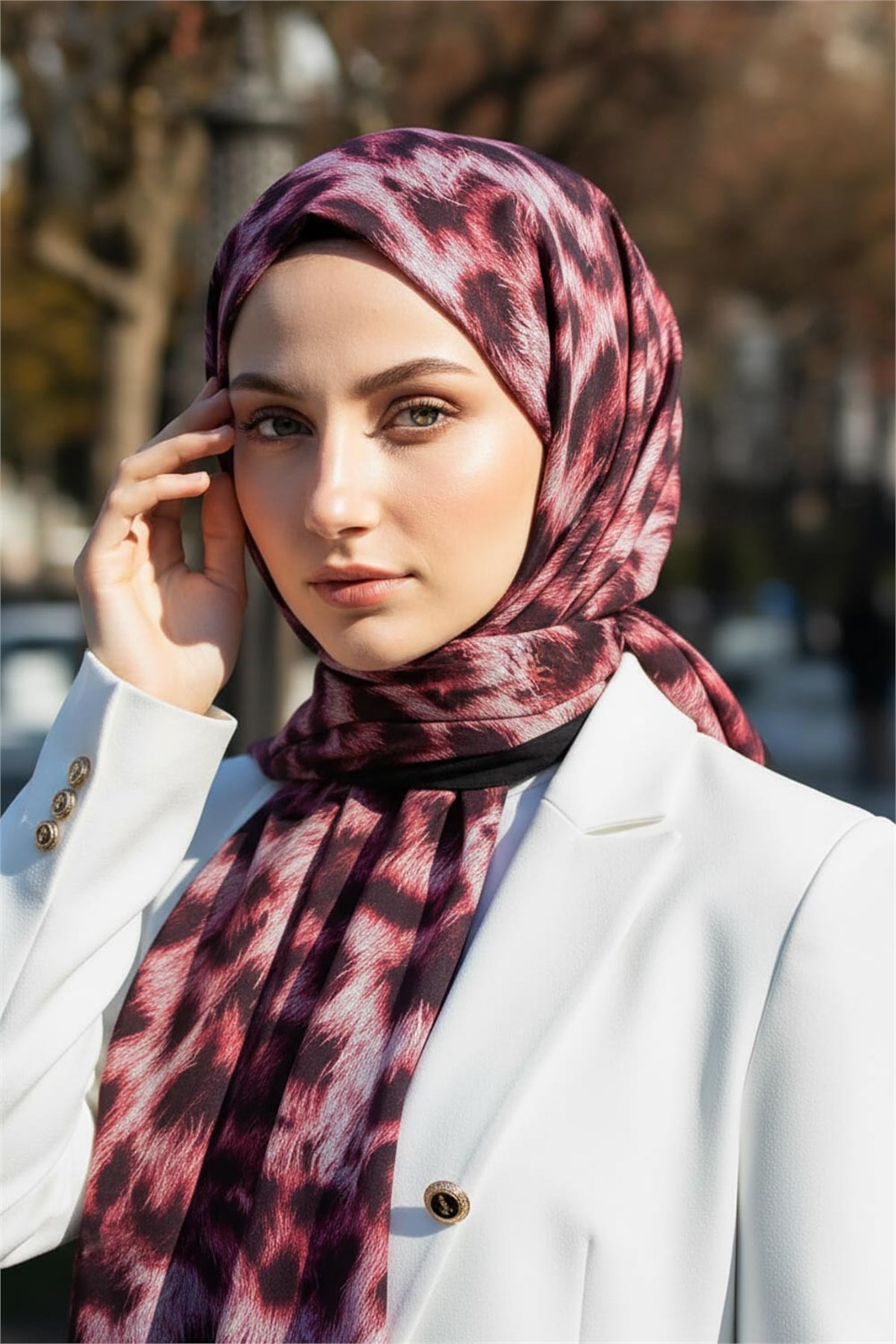 KREP LEOPAR DESENLİ BORDO - SİYAH RENKLİ 75X195 KIRIŞMAZ ŞAL