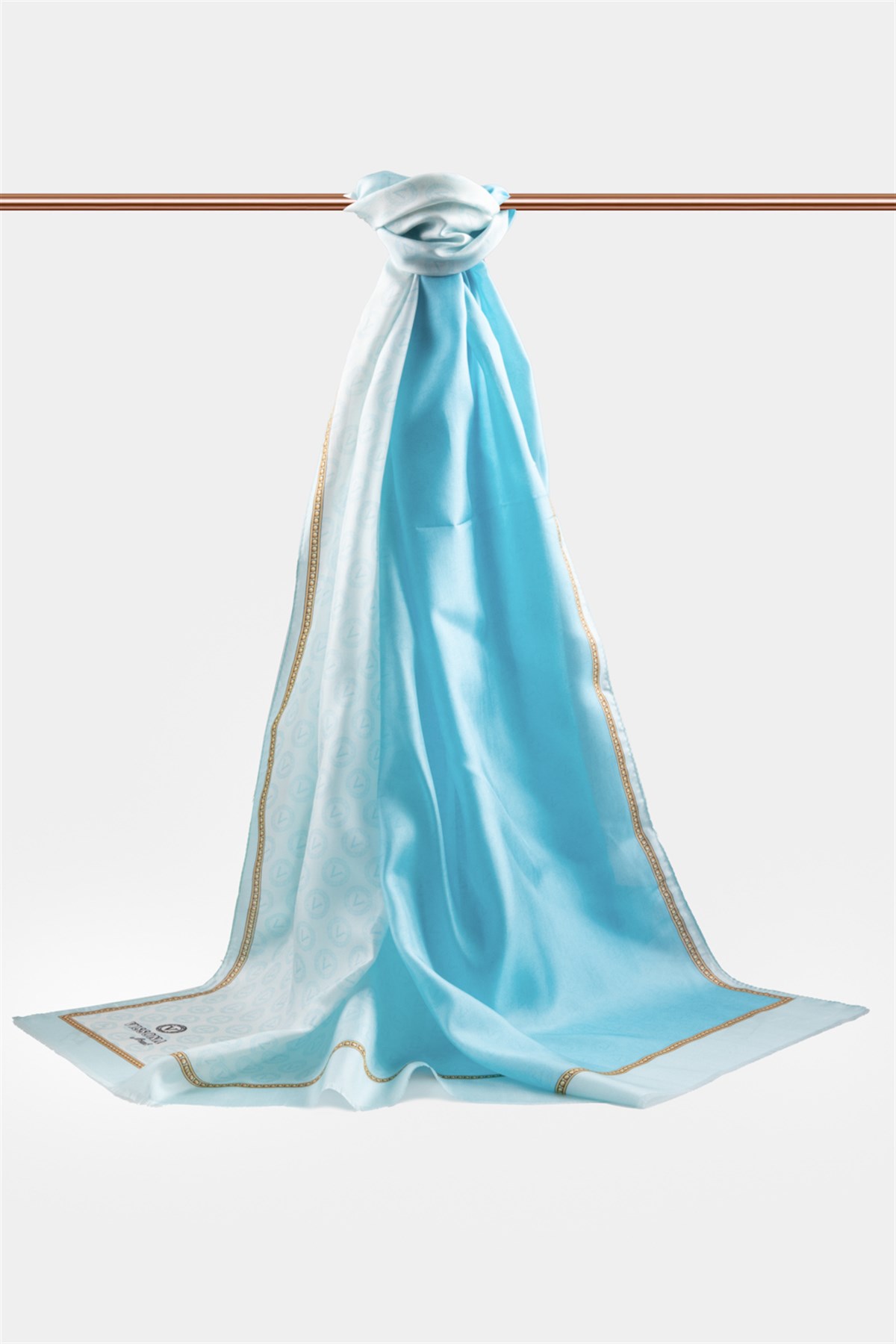 %100 İpek Degradeli Ve Monogram Desenli Su Yeşili - Gold Renkli 92x210 Şal