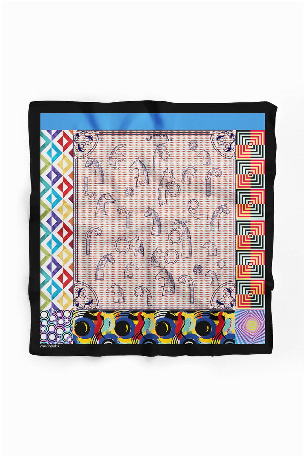 Violla Kadın Krem Mavi Satranç Desenli 50x50 Bandana